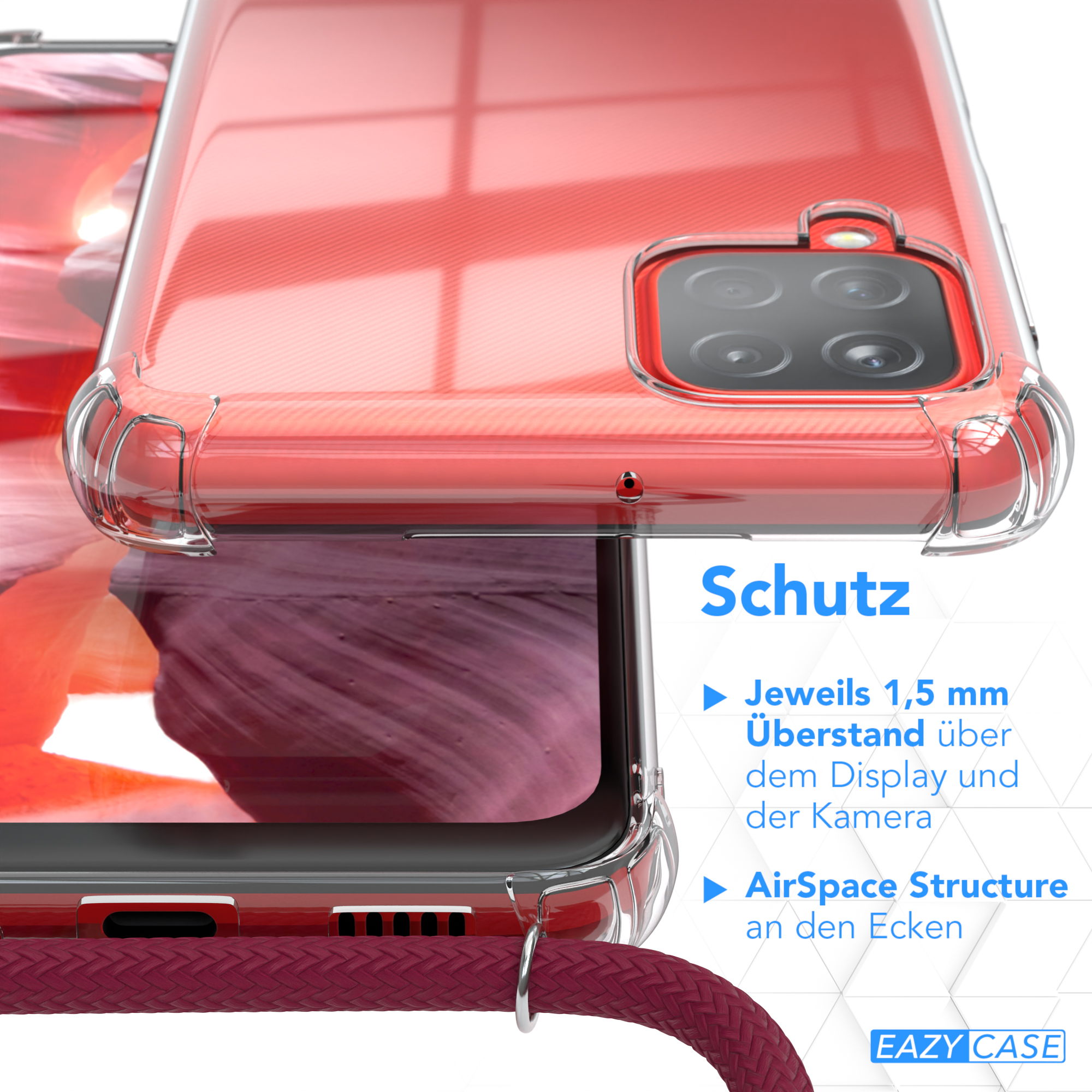 Rote Handyhülle auf dem Telefon. Text: Schutz, AirSpace Structure und 1,5 mm Displayschutz.