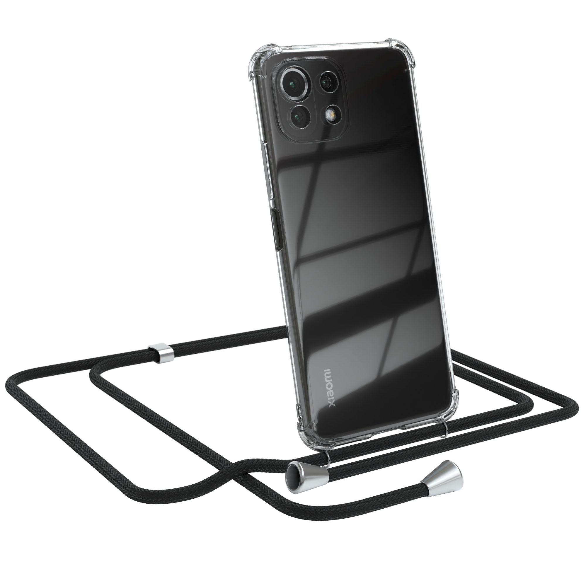 Transparente Handyhülle mit schwarzem Umhängeband, Xiaomi-Logo. Weißer Hintergrund.