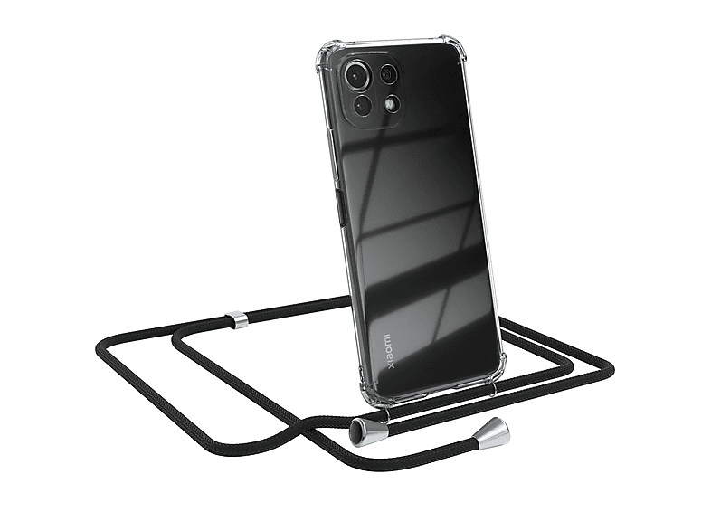 EAZY CASE Clear Cover mit Umhängeband, Umhängetasche, Xiaomi, Mi 11 Lite / 5G / 11 Lite 5G NE, Schwarz / Clips Silber