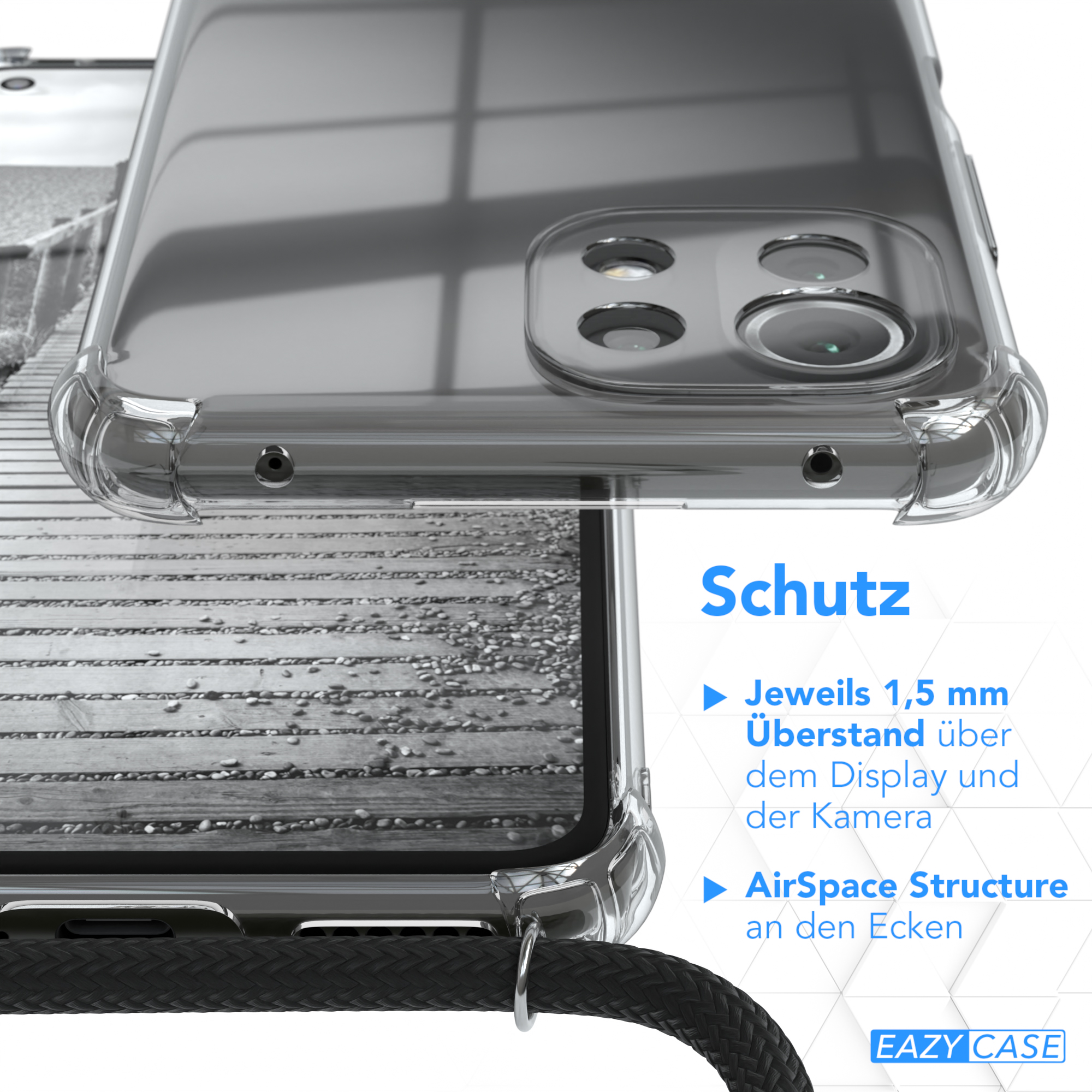 Nahaufnahme einer Handyhülle mit Text über Schutzfunktionen und dem Markenlogo.