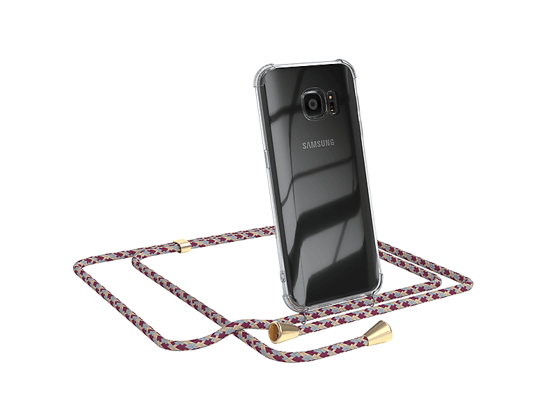 EAZY CASE Clear Cover mit Umhängeband, Umhängetasche, Samsung, Galaxy S7, Rot Beige Camouflage / Clips Gold