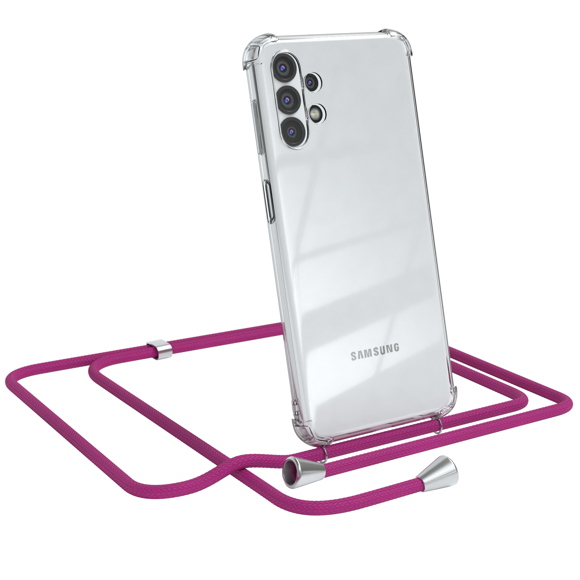 Transparente Handyhülle mit pinkfarbenem Umhängeband. Samsung-Telefon sichtbar. Weißer Hintergrund.