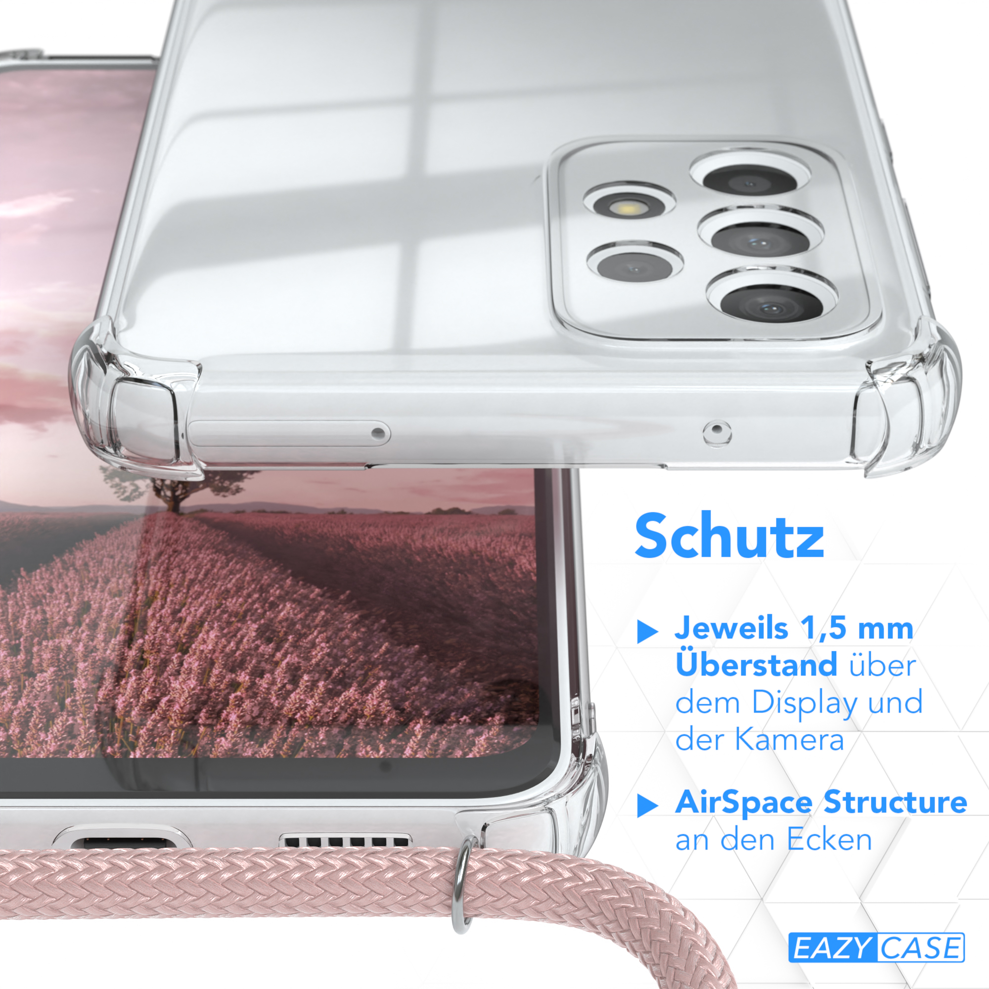 Nahaufnahme einer transparenten Handyhülle mit Text 'Schutz'. Schutzdesign, Lavendelfeld im Hintergrund.