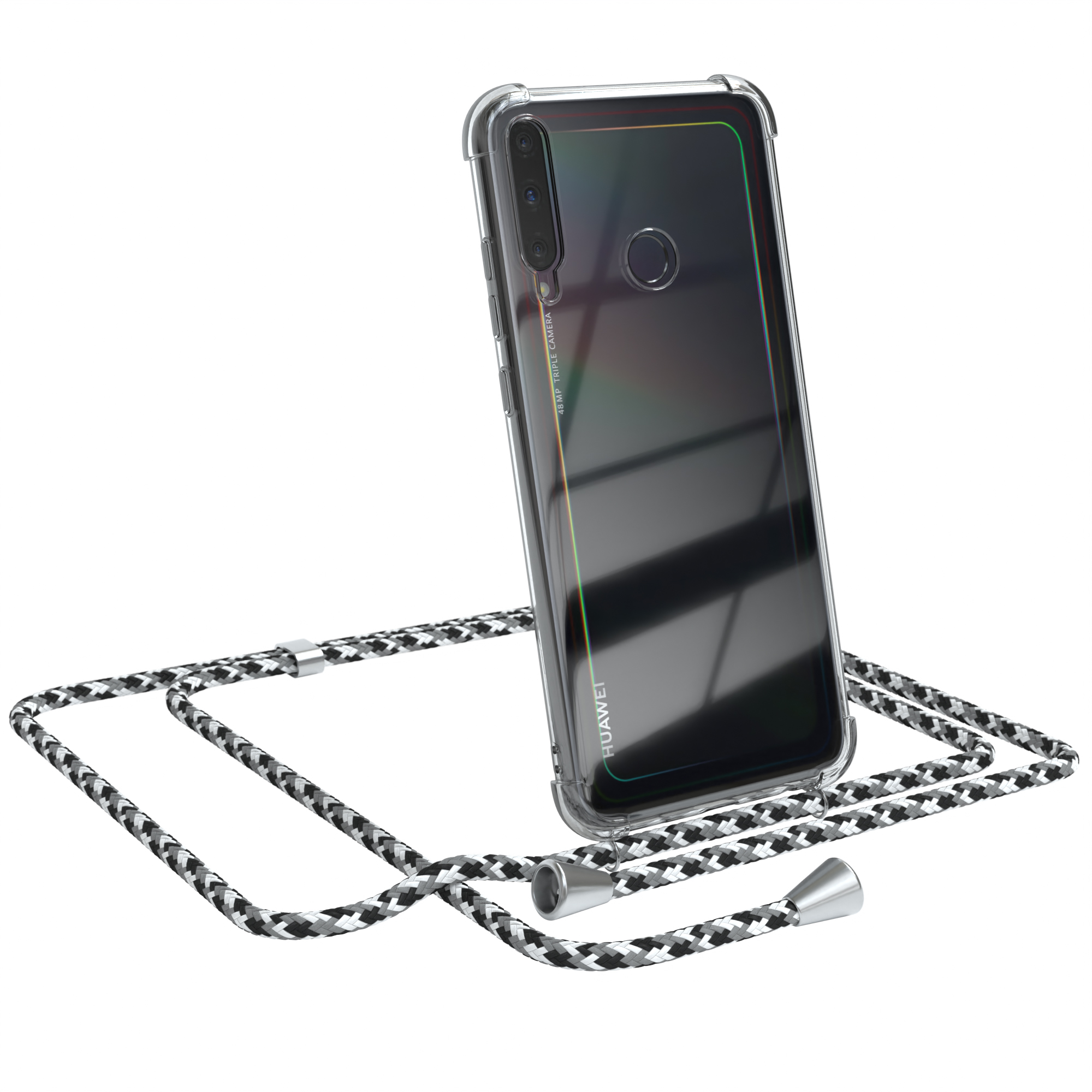 Transparente Handyhülle mit schwarz-weißem Umhängeband. Das Telefon hat eine Kamera, es ist ein Huawei.