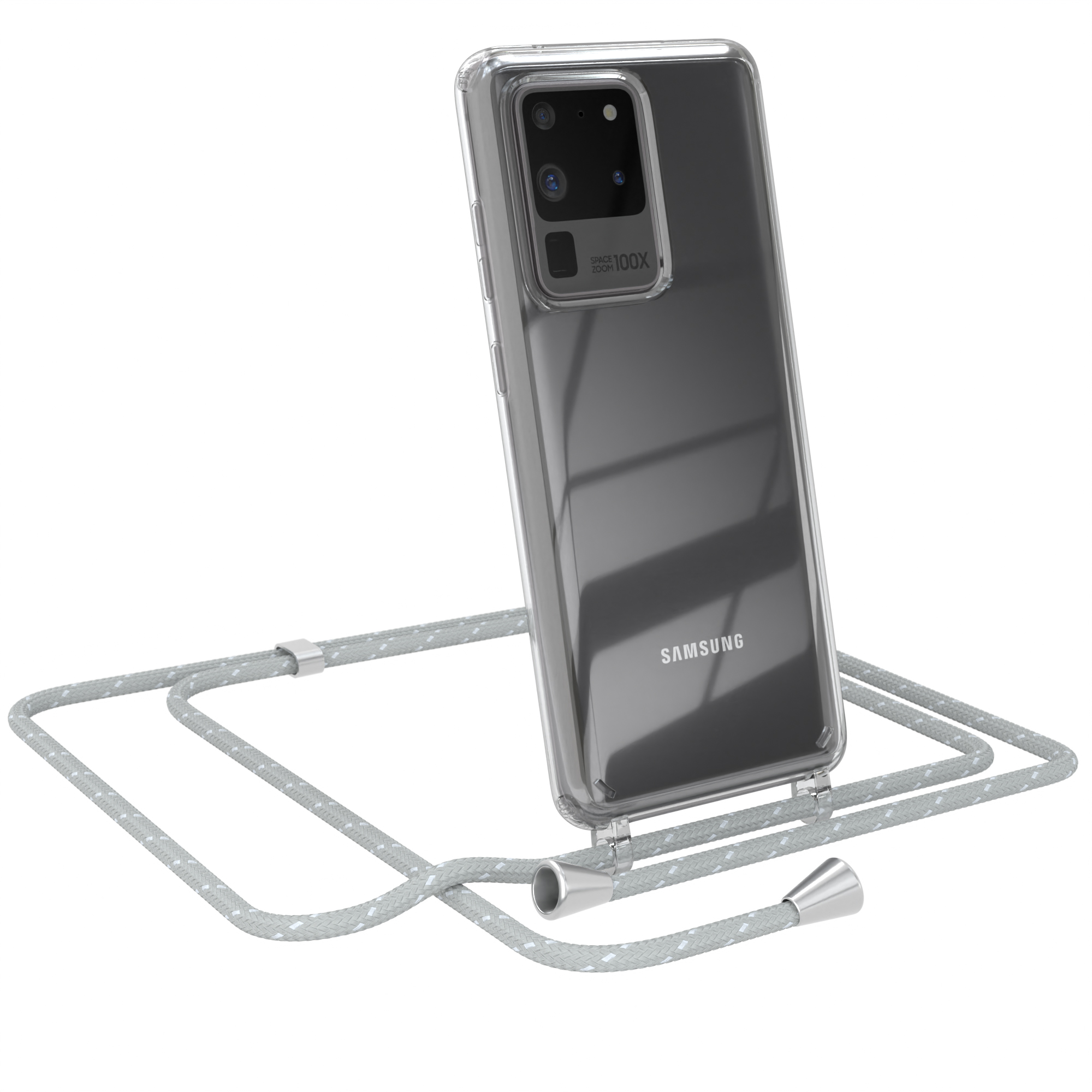 Transparente Handyhülle mit grauem Band. Das Telefon ist geneigt.