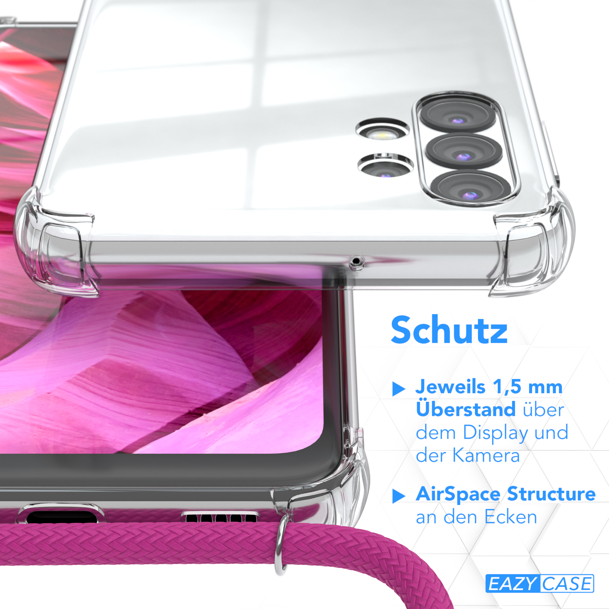 Nahaufnahme einer Handyhülle. Das Telefon ist darin. Die Hülle ist transparent mit pinkfarbenem Band.