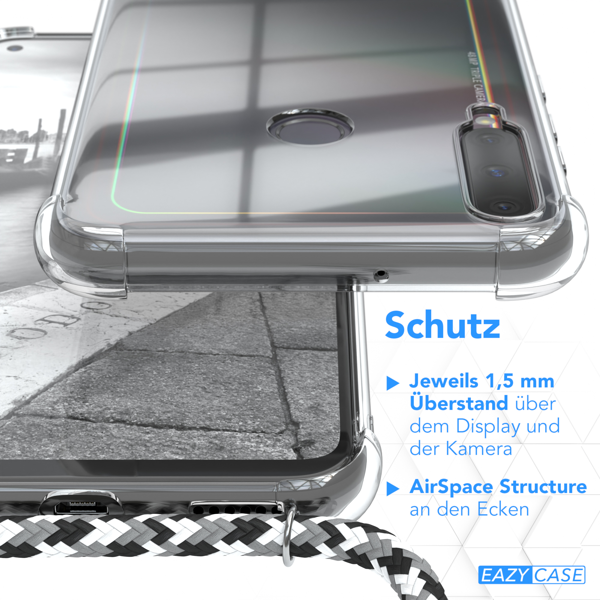 Transparente Handyhülle mit schwarz-weißem Band. Schutzdetails sind sichtbar.