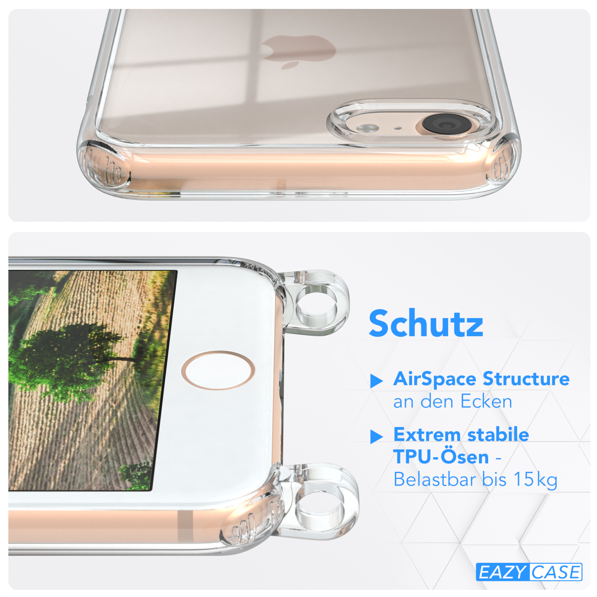 Klare Handyhülle auf iPhone, Nahaufnahme. Merkmale sind AirSpace-Struktur und stabile TPU-Ösen.