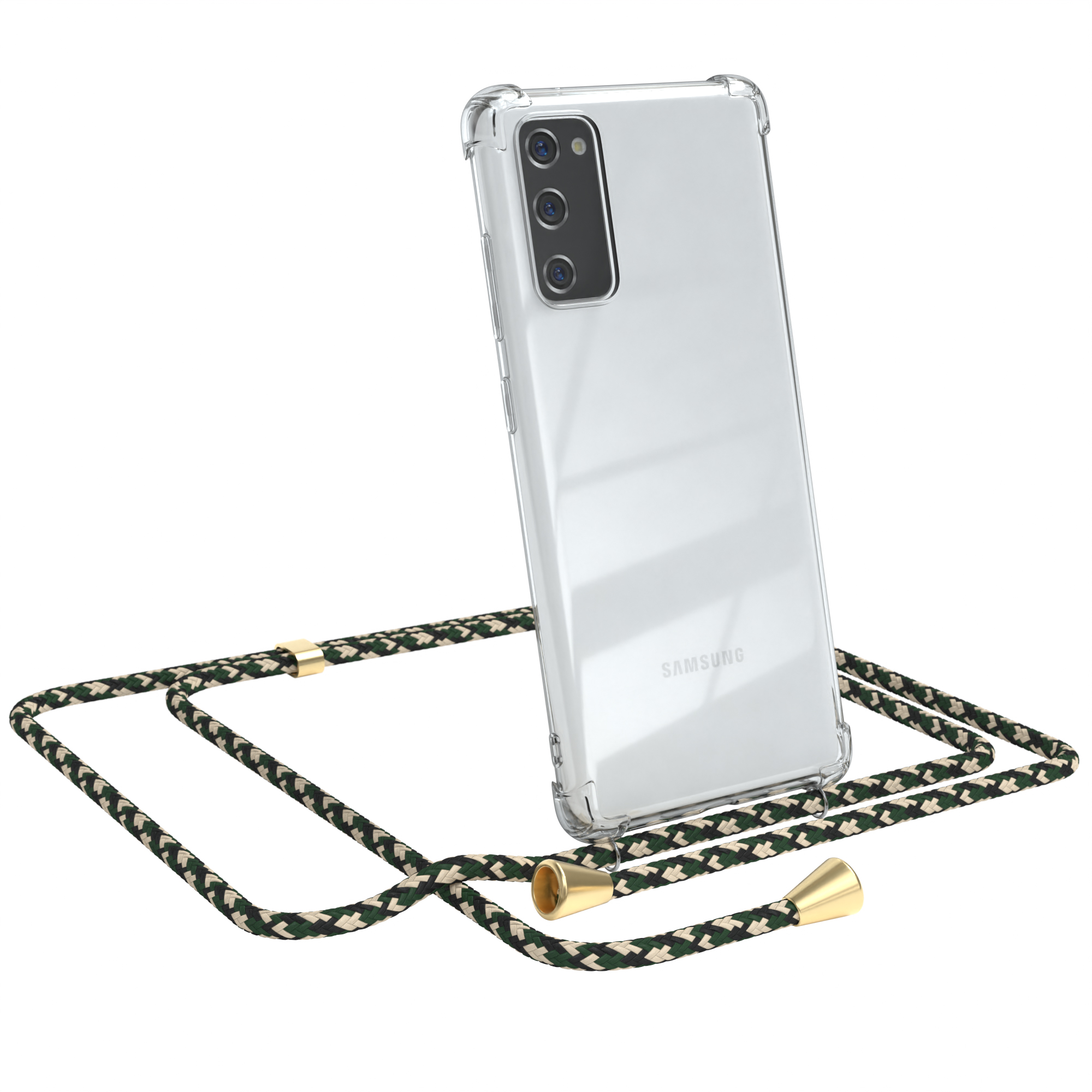 Telefon in klarer Hülle mit grünem, schwarzem und weißem Lanyard. Weißer Hintergrund.