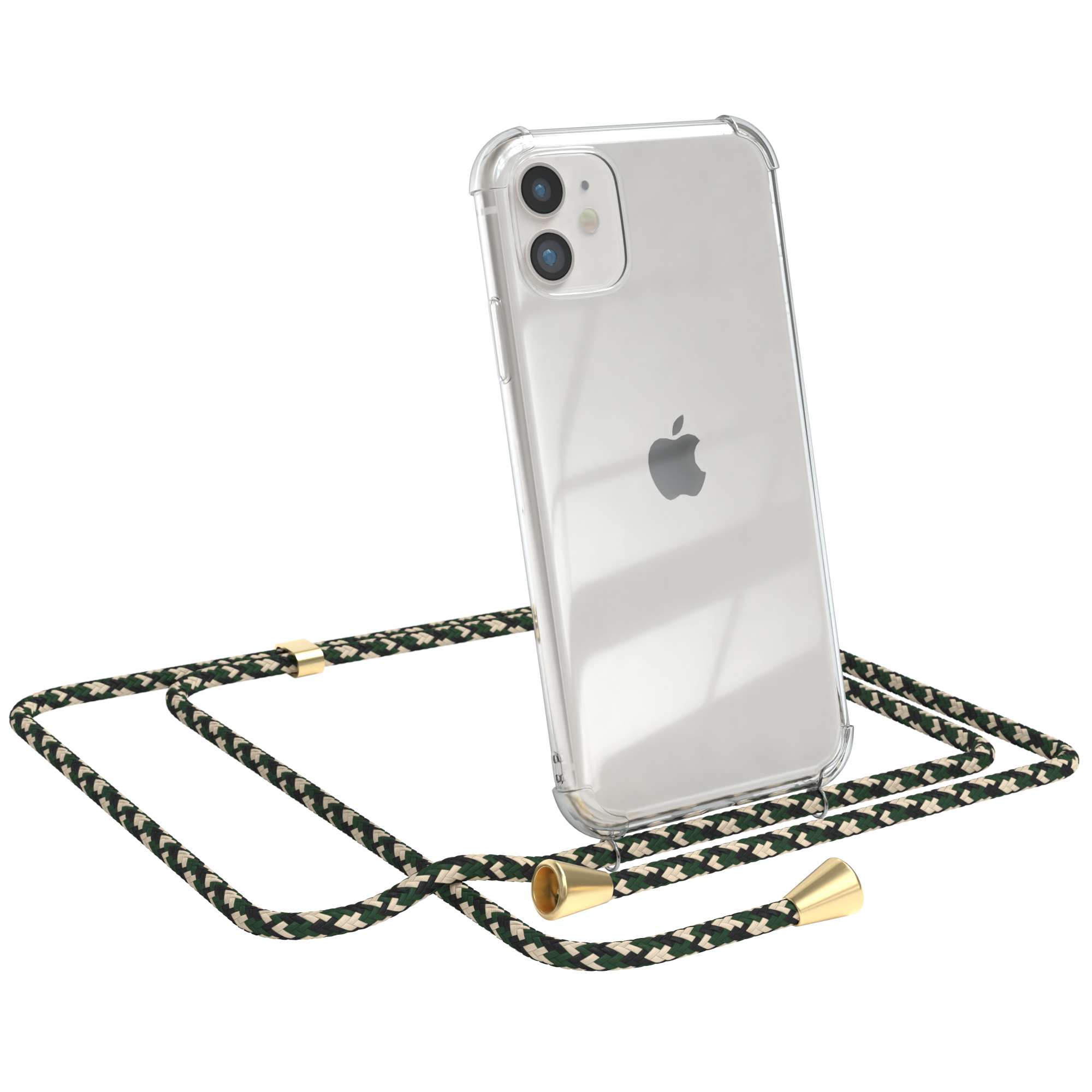 Transparente Handyhülle mit grünem Band. Apple-Telefon sichtbar. Weißer Hintergrund.