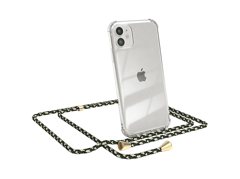 EAZY CASE Clear Cover mit Umhängeband, Umhängetasche, Apple, iPhone 11, Grün Camouflage / Clips Gold