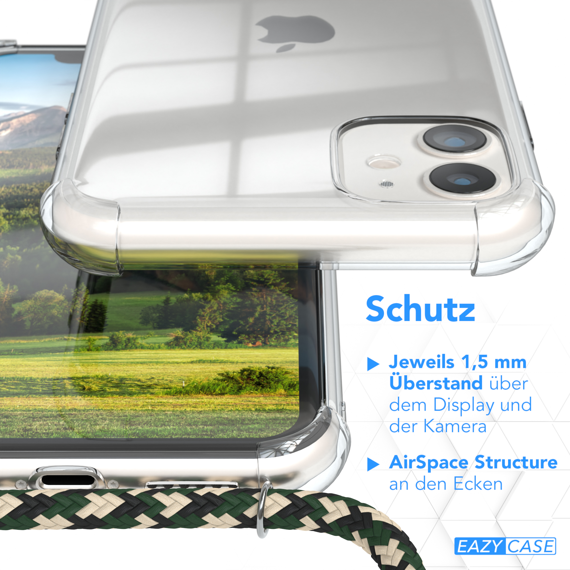 Transparente Handyhülle. Im Hintergrund sind ein grünes Feld und blauer Himmel zu sehen.