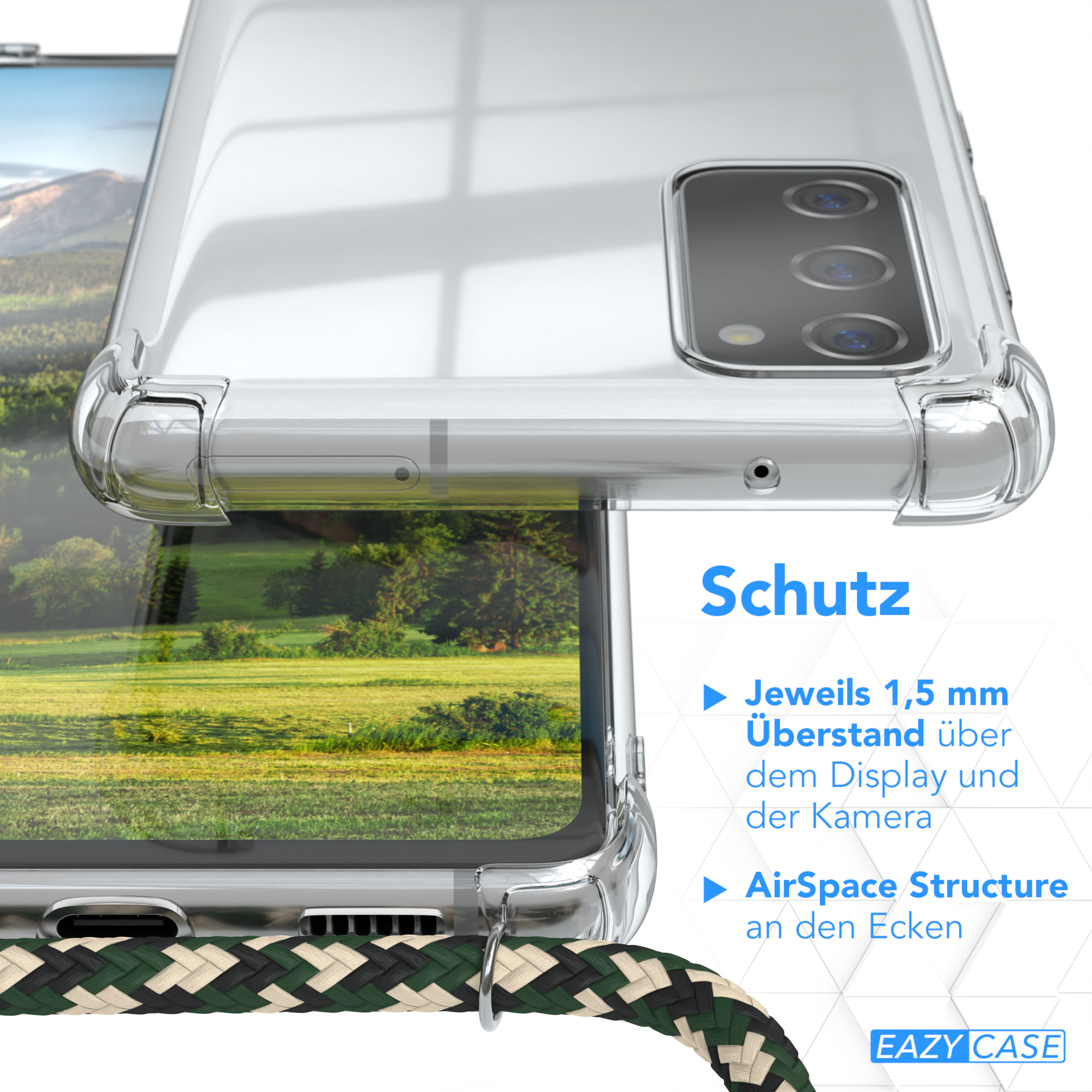 Eine Handyhülle mit einem Telefon darin. Die Hülle ist transparent und hat Schutzfunktionen. Der Hintergrund zeigt ein Feld.