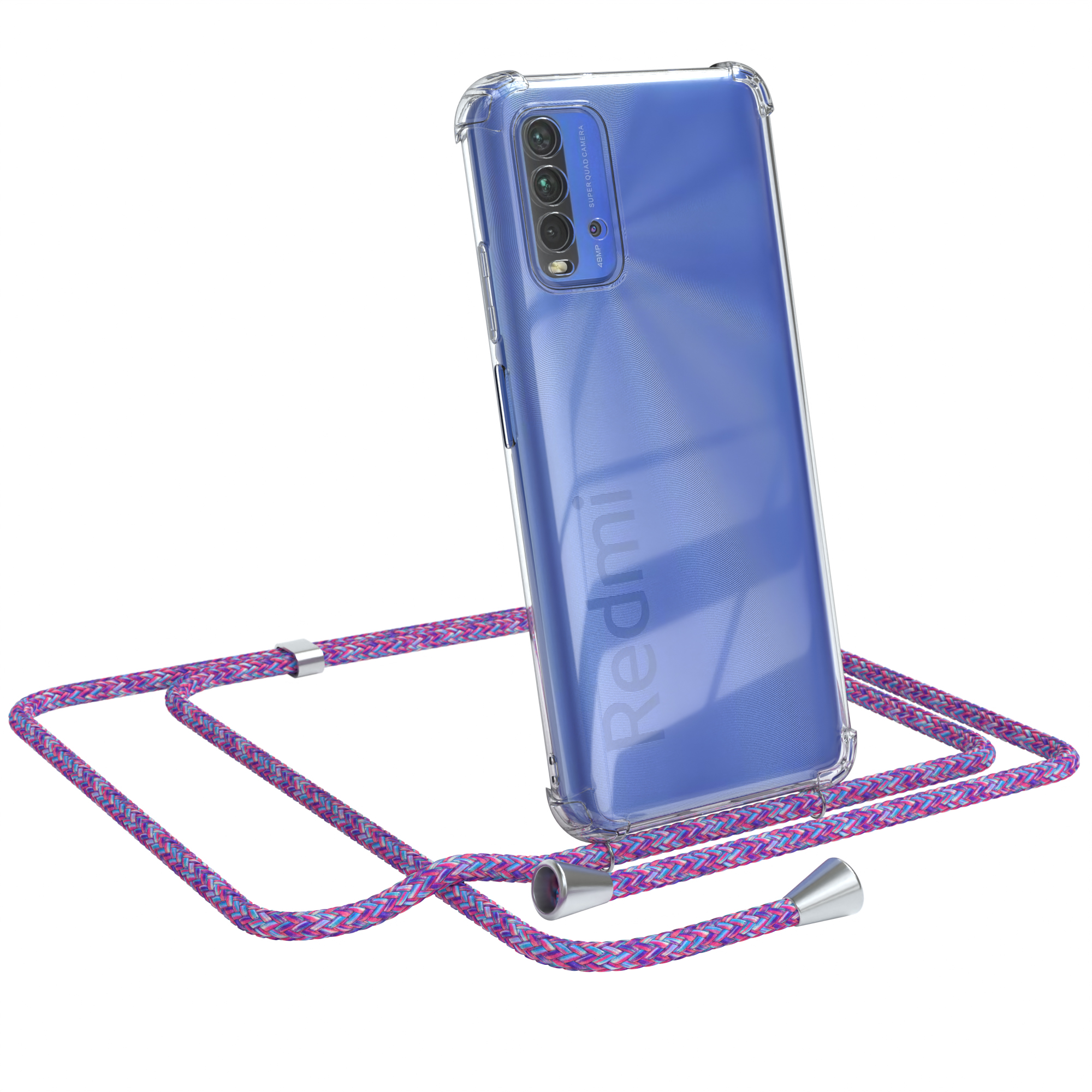 Transparente Handyhülle mit pinkfarbenem Kordel. Redmi-Handy mit drei Kameras.