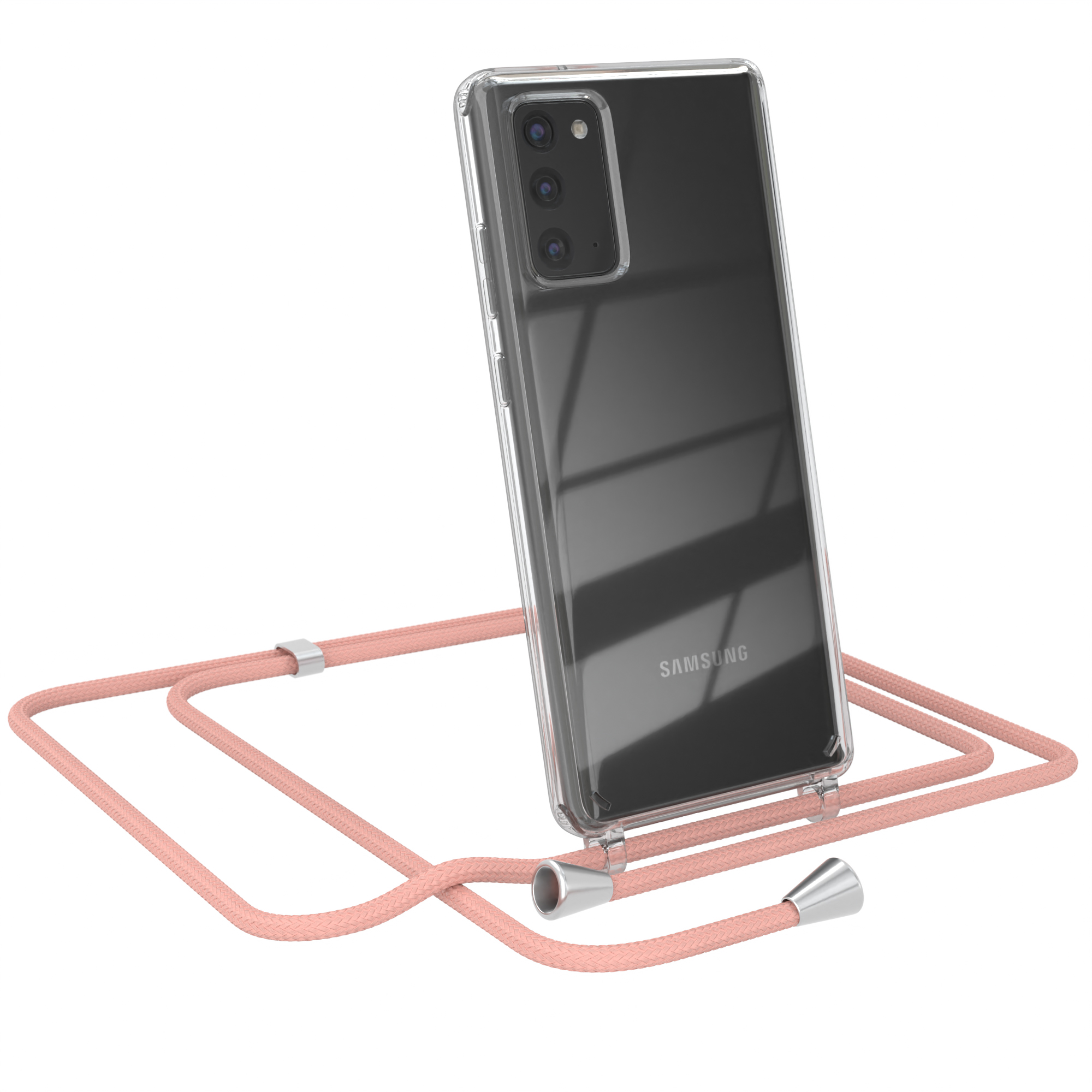Transparente Handyhülle mit pinkfarbenem Umhängeband. Samsung. Weißer Hintergrund.