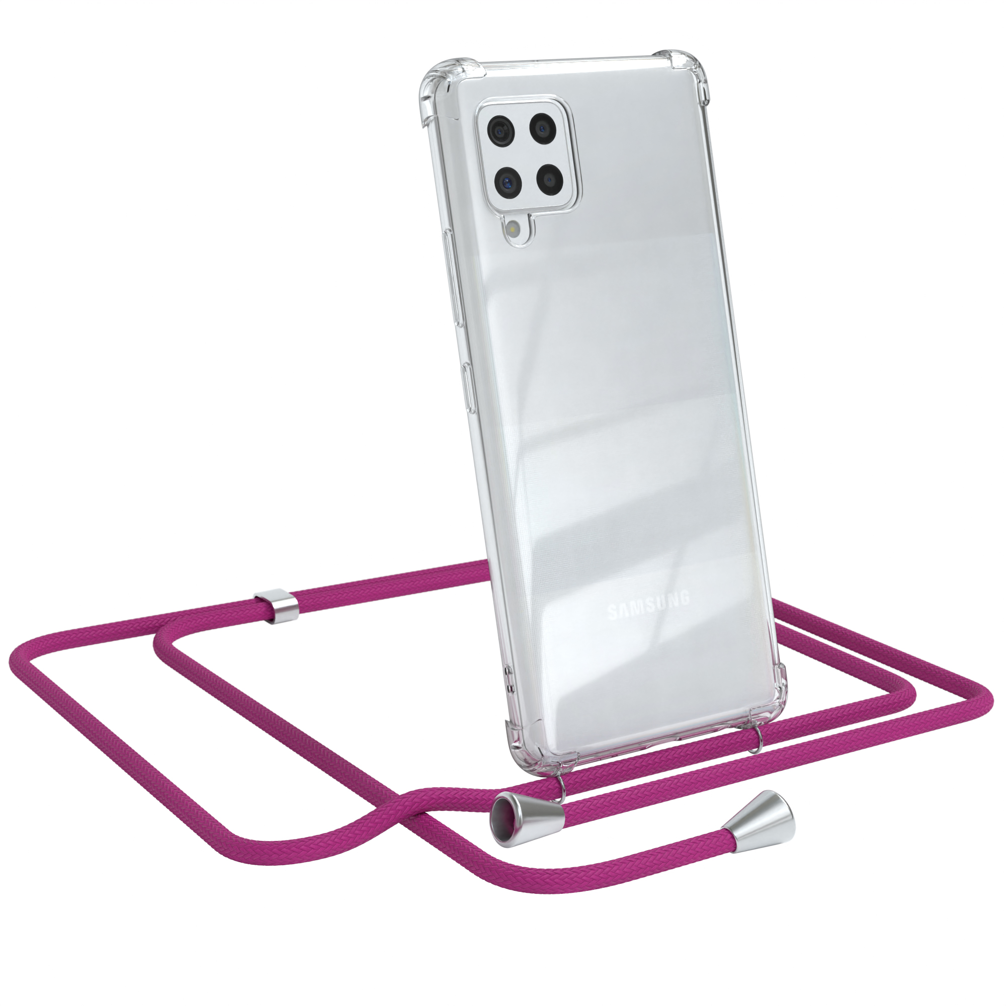 Transparente Handyhülle mit pinkfarbenem Umhängeband. Das Telefon zeigt ein Samsung-Logo.