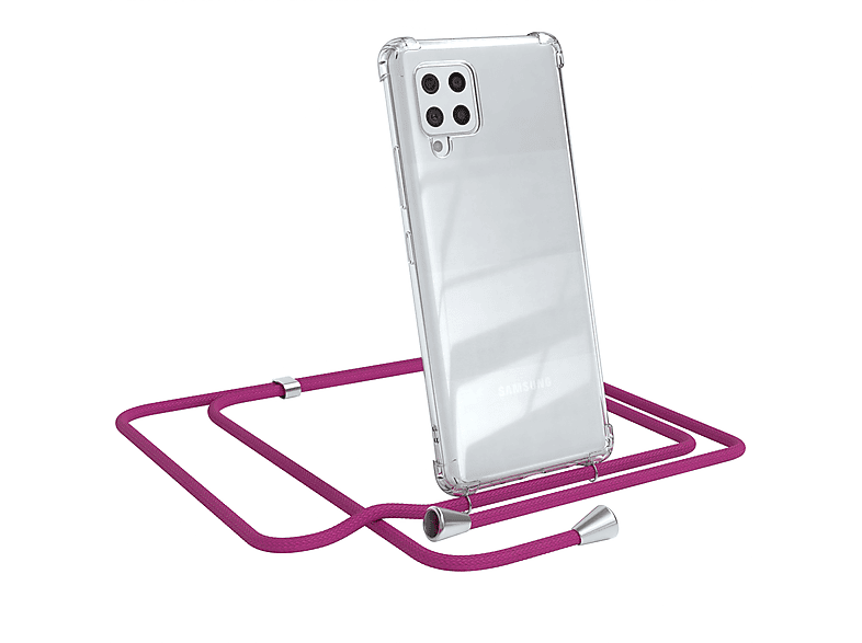 EAZY CASE Clear Cover mit Umhängeband, Umhängetasche, Samsung, Galaxy A42 5G, Pink / Clips Silber