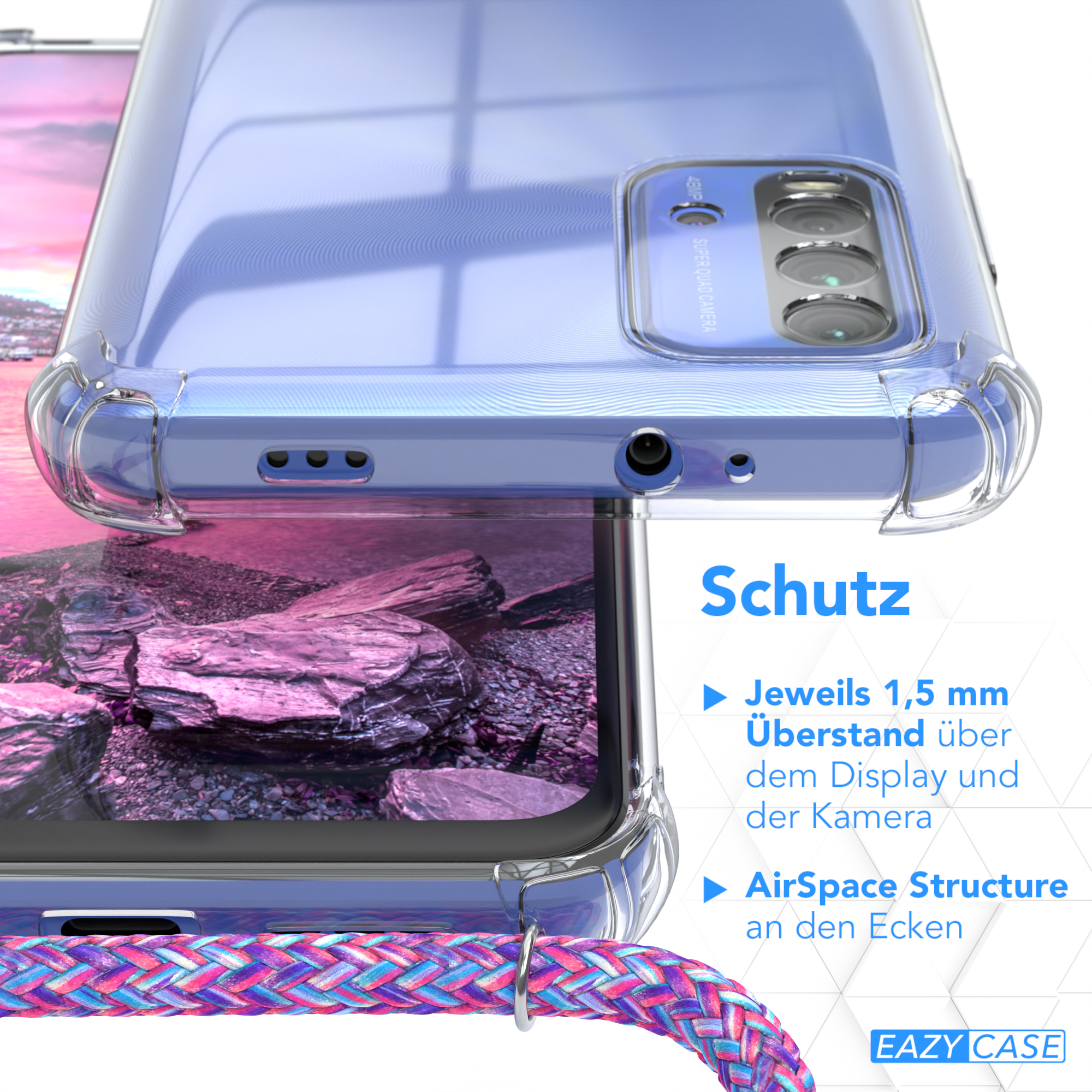 Nahaufnahme einer Handyhülle mit Band. Text über Schutz.