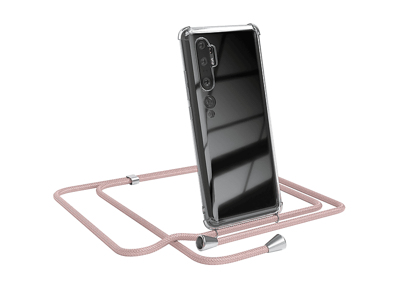 EAZY CASE Clear Cover mit Umhängeband, Umhängetasche, Xiaomi, Mi Note 10 / Mi Note 10 Pro, Rosé / Clips Silber