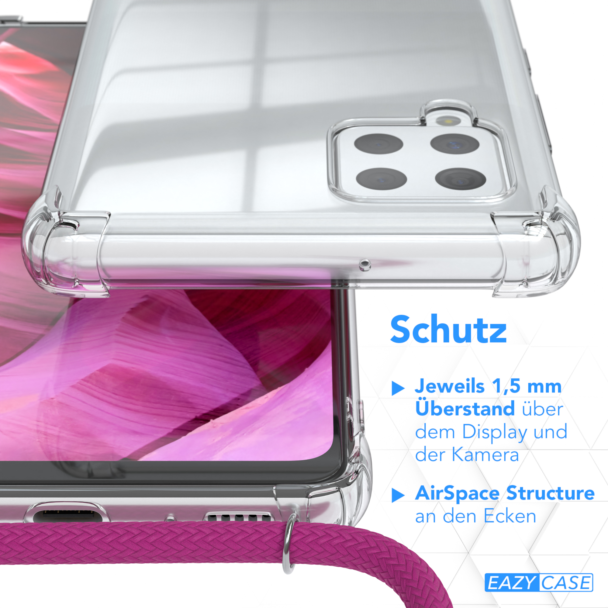 Transparente Handyhülle mit Schutzdetails. Nahaufnahme der Hülle mit rosa Band.