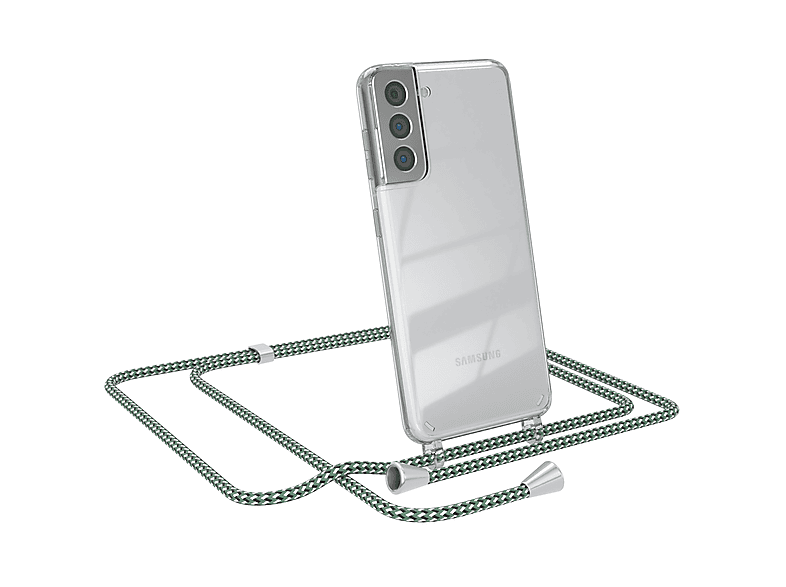 EAZY CASE Clear Cover mit Umhängeband, Umhängetasche, Samsung, Galaxy S21 5G, Grün Weiß