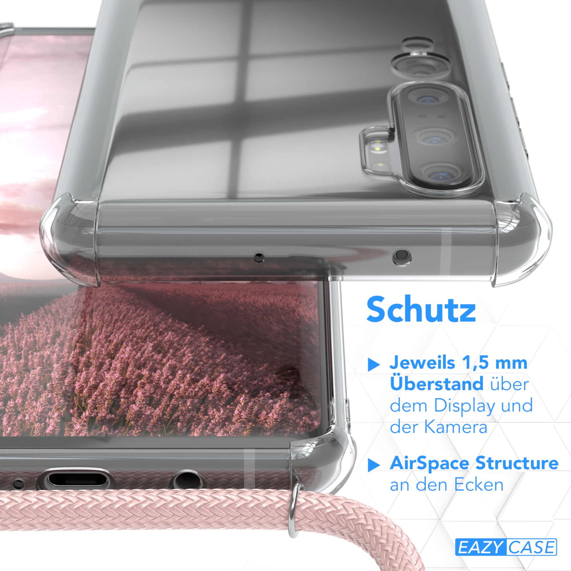 EAZY CASE Clear Cover mit 10 Rosé Note Silber Mi Mi / Note Xiaomi, Clips Umhängeband, Umhängetasche, / 10 Pro
