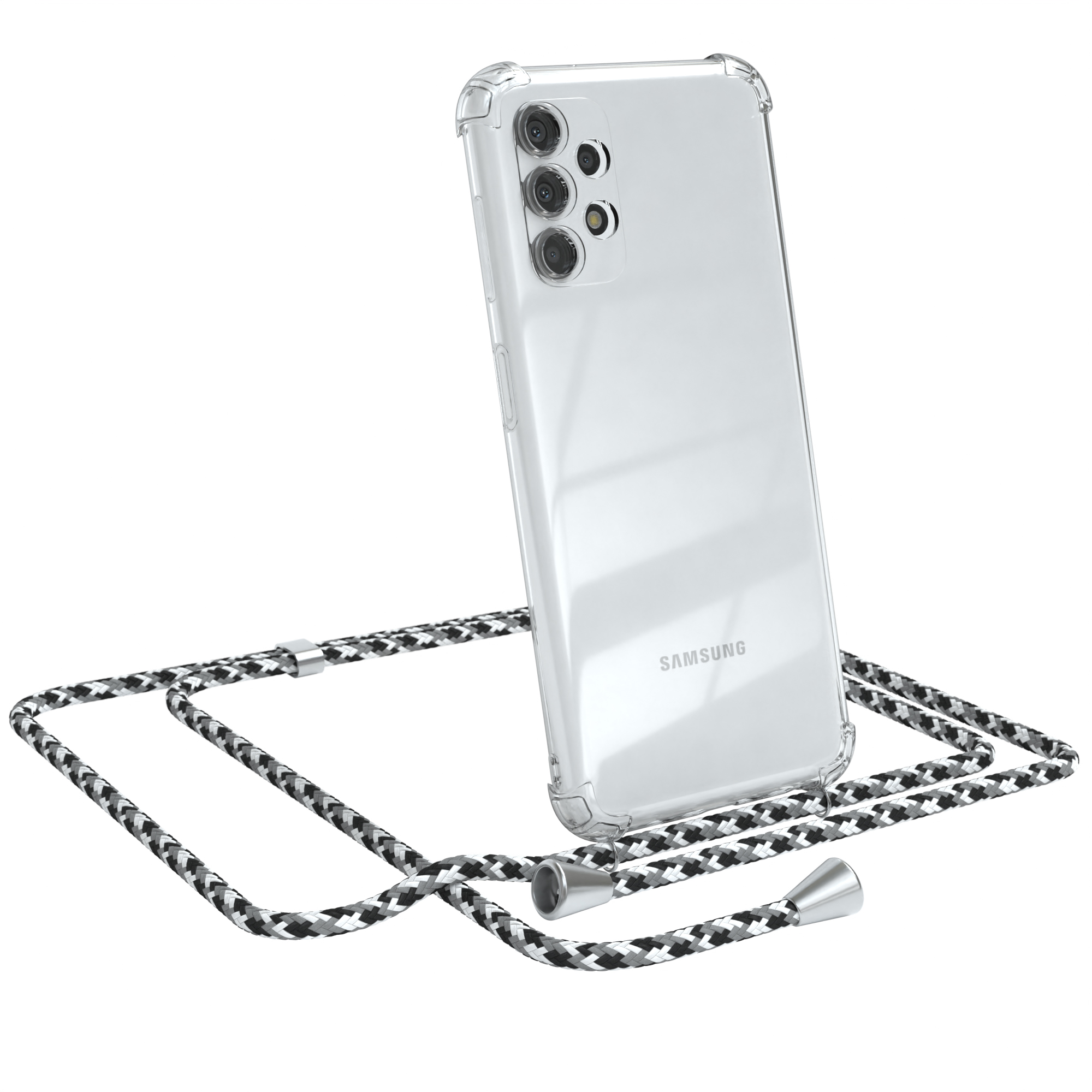 Transparente Handyhülle mit schwarz-weißem Kordel. Samsung-Telefon.