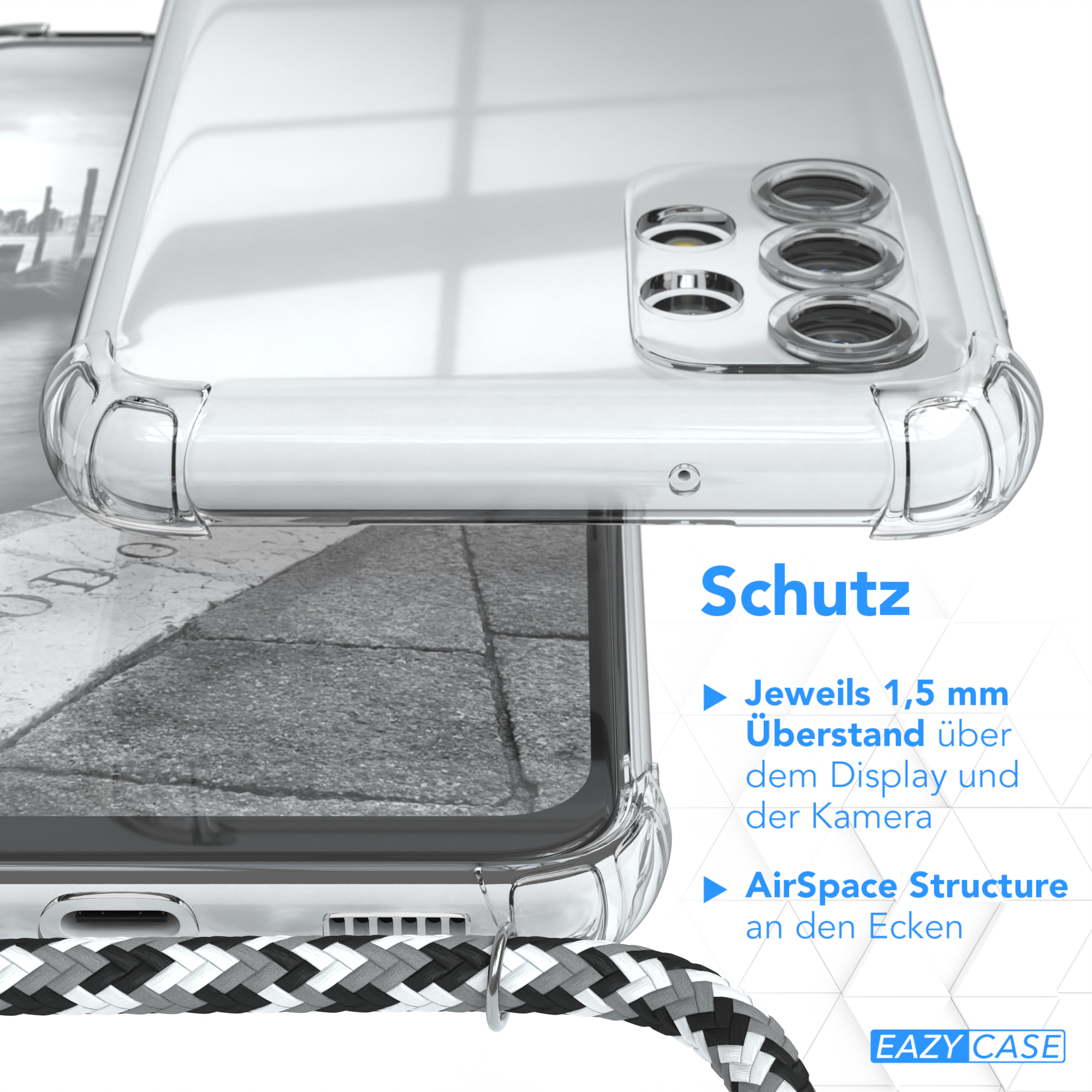 Nahaufnahme der transparenten Handyhülle mit Kamera- und Kabeldetails, Text zum Schutz.