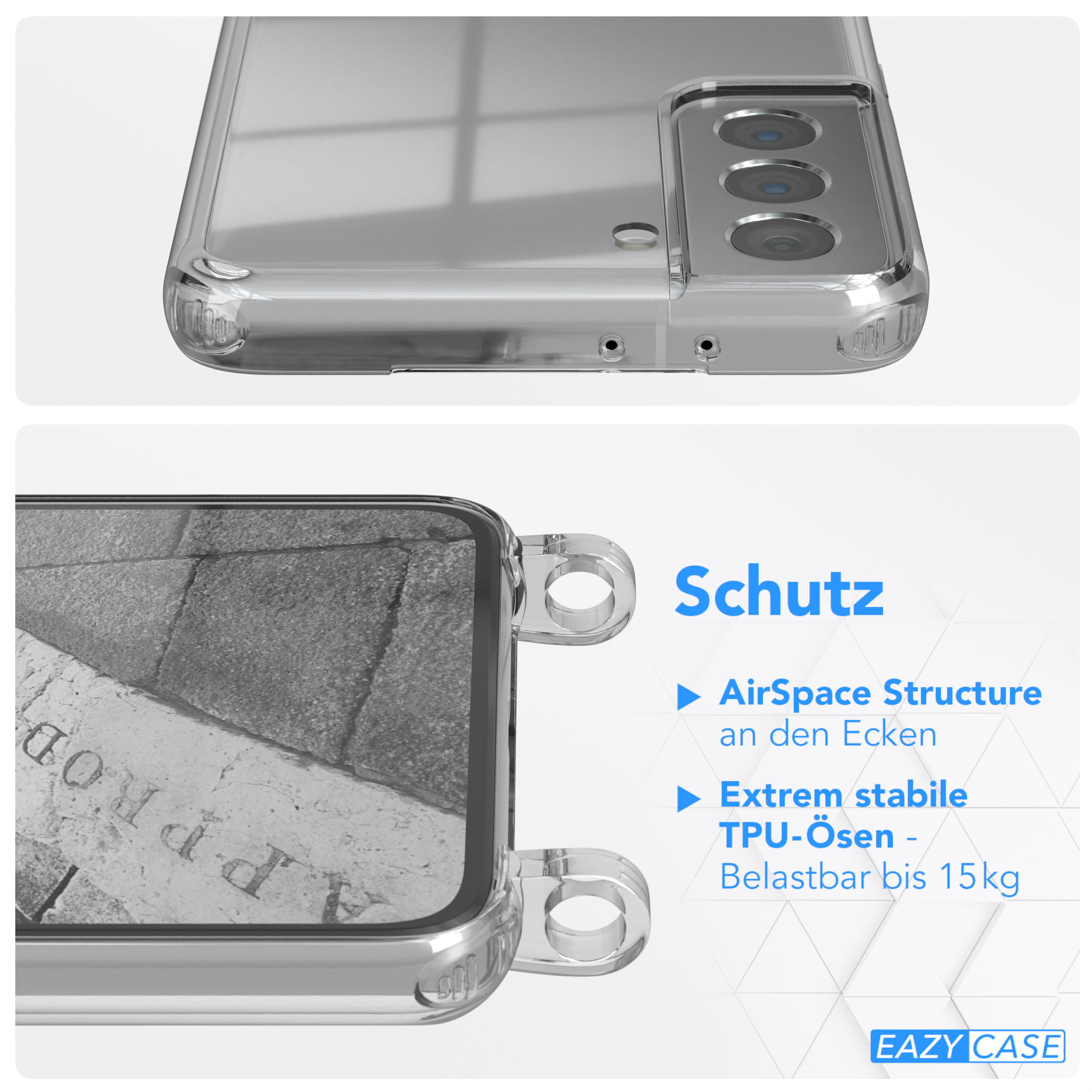 Nahaufnahme einer transparenten Handyhülle, die Struktur und Design zum Schutz zeigt.