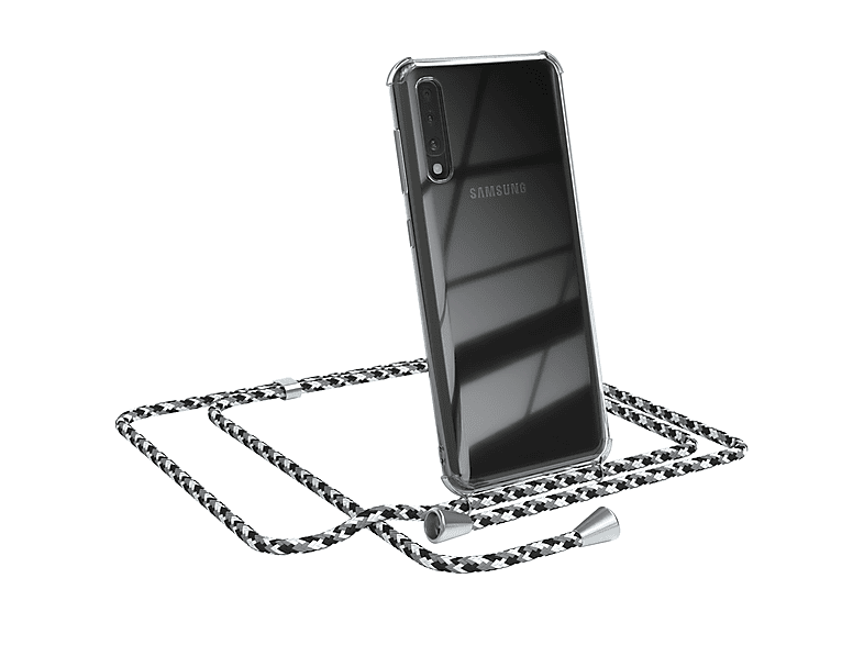 EAZY CASE Clear Cover mit Umhängeband, Umhängetasche, Samsung, Galaxy A50 / A50s / A30s, Schwarz Camouflage / Clips Silber