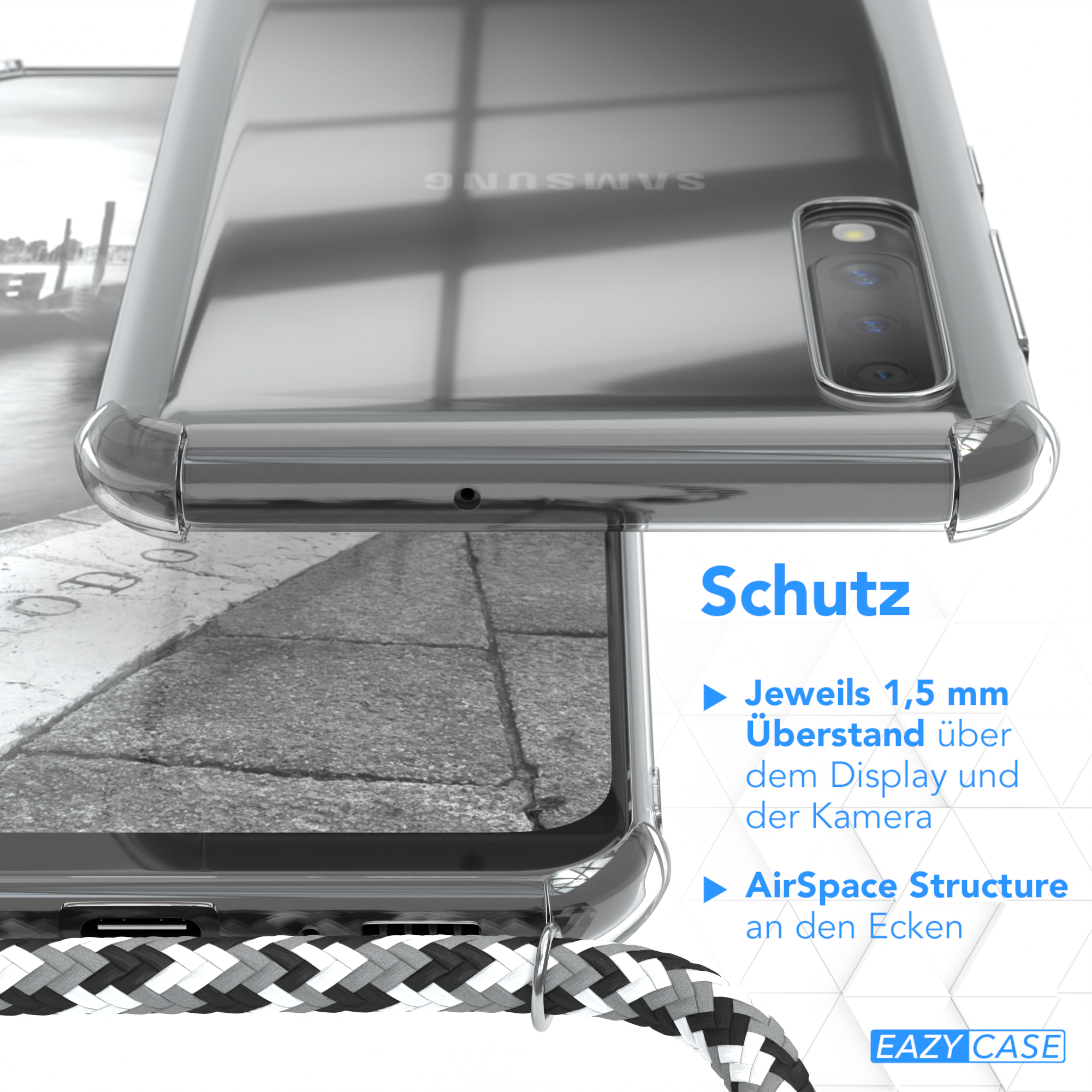 Schwarz / / CASE Clear Camouflage A50 / Cover A50s Clips Silber A30s, Umhängetasche, EAZY Umhängeband, mit Samsung, Galaxy