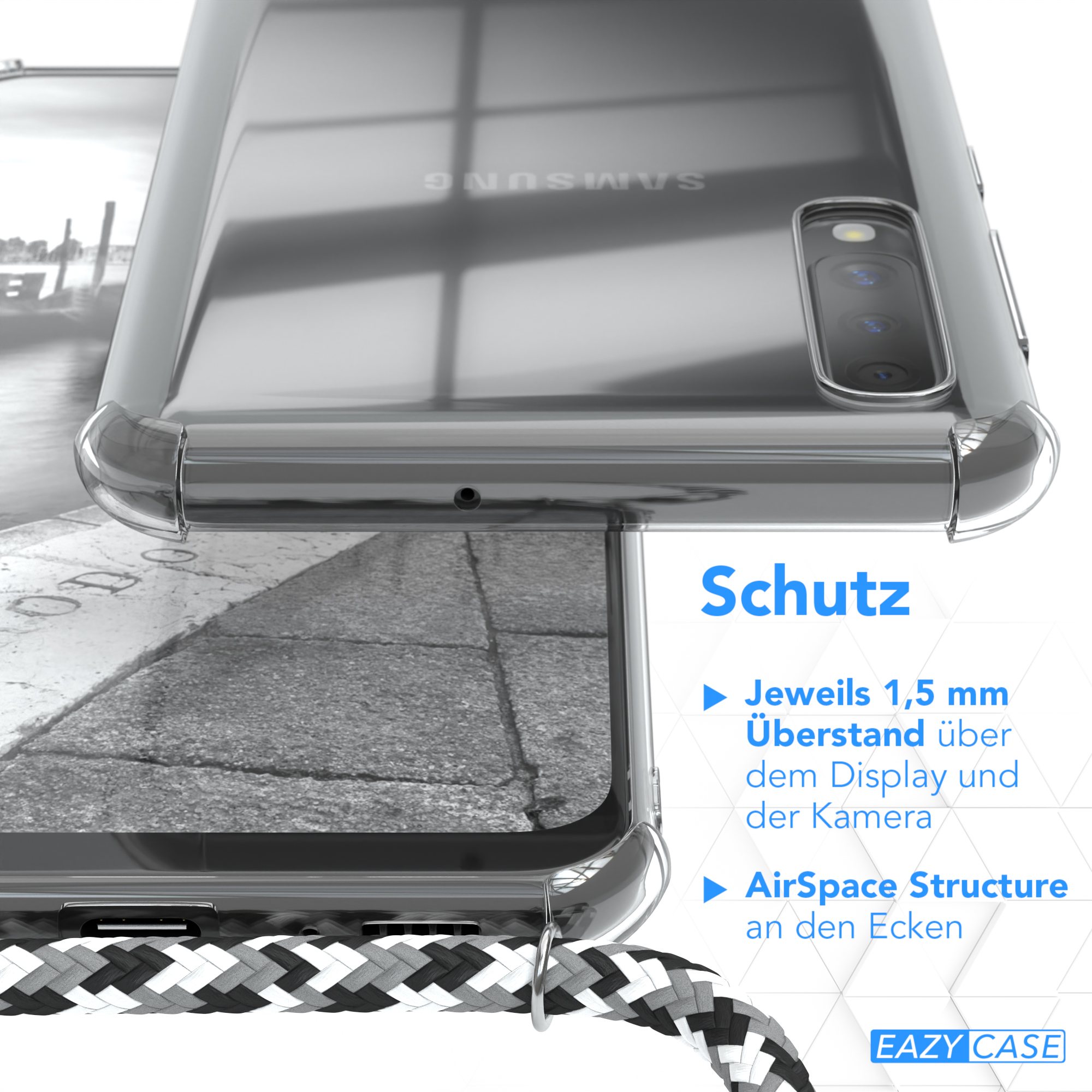Nahaufnahme einer transparenten Handyhülle, die Struktur und Design zum Schutz zeigt.
