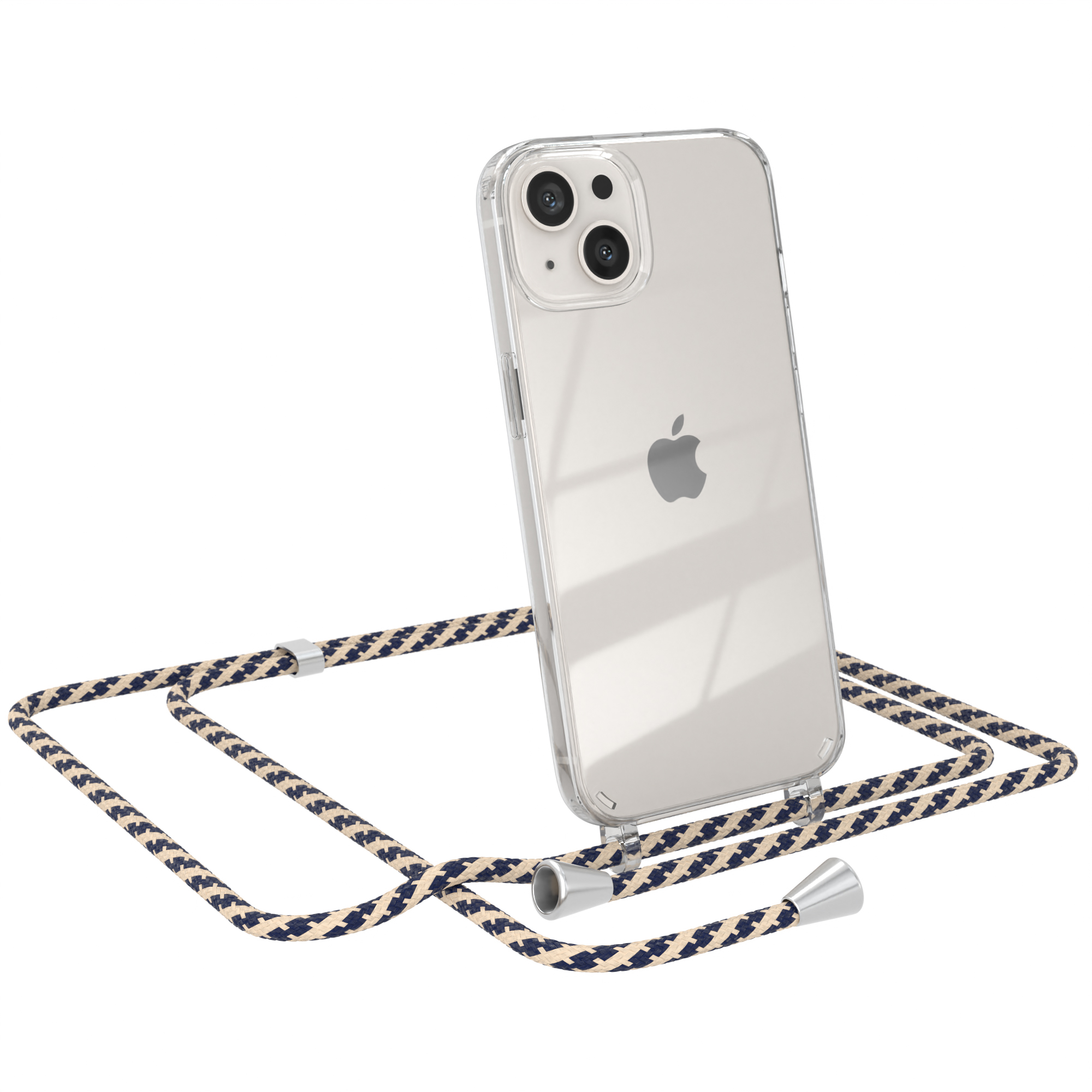 Telefon in klarer Hülle mit blau-beigem Seil. Das Telefon ist von Apple. Der Hintergrund ist weiß.