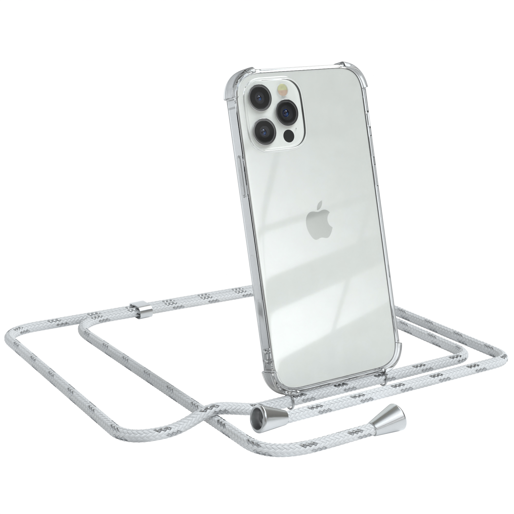 Apple, 12 Umhängeband, 12 Weiß / Clear iPhone / EAZY mit Silber Umhängetasche, Clips Cover CASE Pro,