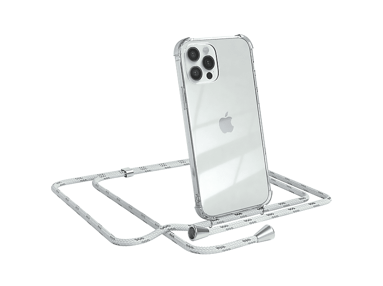 EAZY CASE Clear Cover mit Umhängeband, Umhängetasche, Apple, iPhone 12 / 12 Pro, Weiß / Clips Silber