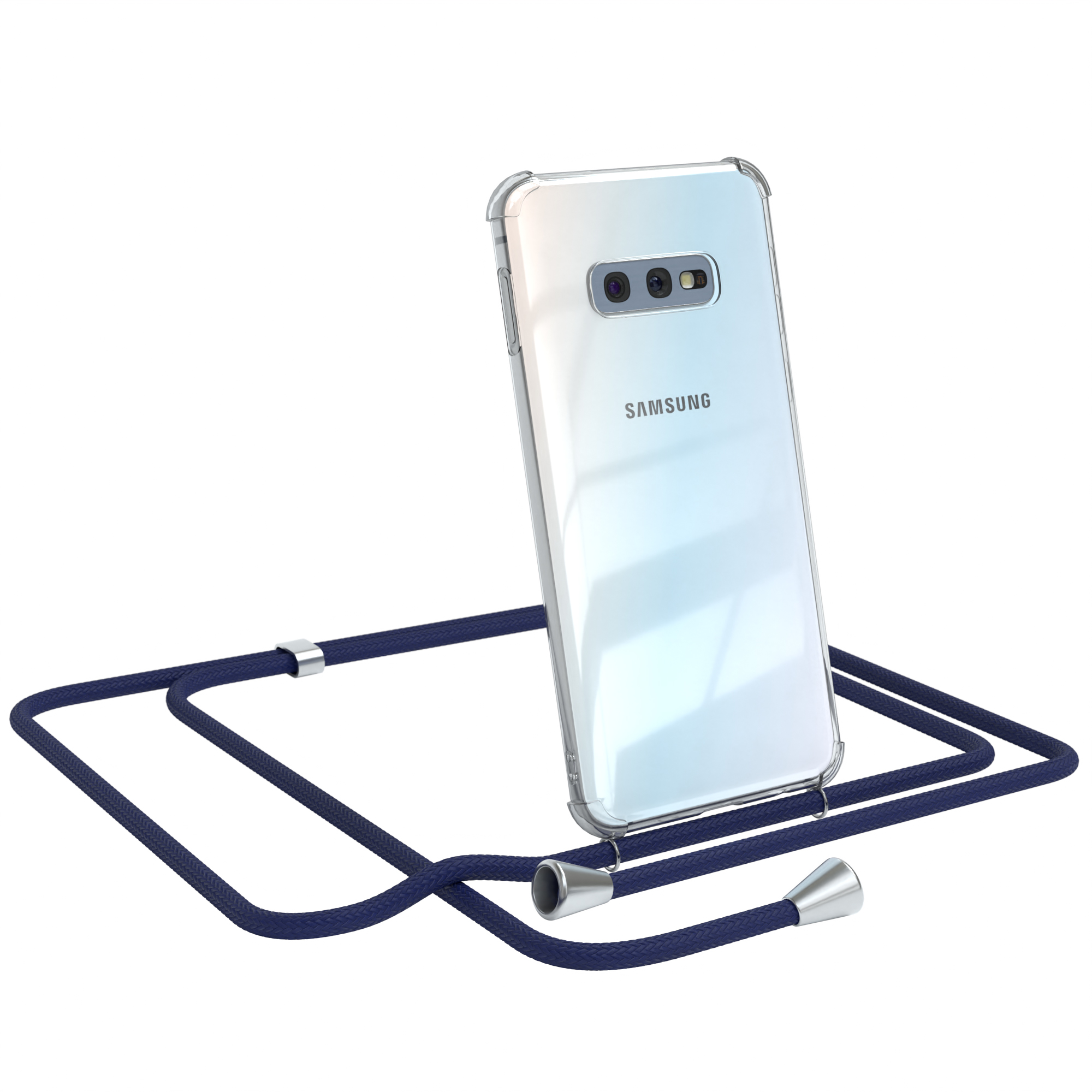 Transparente Handyhülle mit blauem Kordelband. Silbernes Handy mit 'SAMSUNG'.