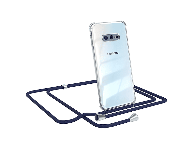 EAZY CASE Clear Cover mit Umhängeband, Umhängetasche, Samsung, Galaxy S10e, Blau / Clips Silber
