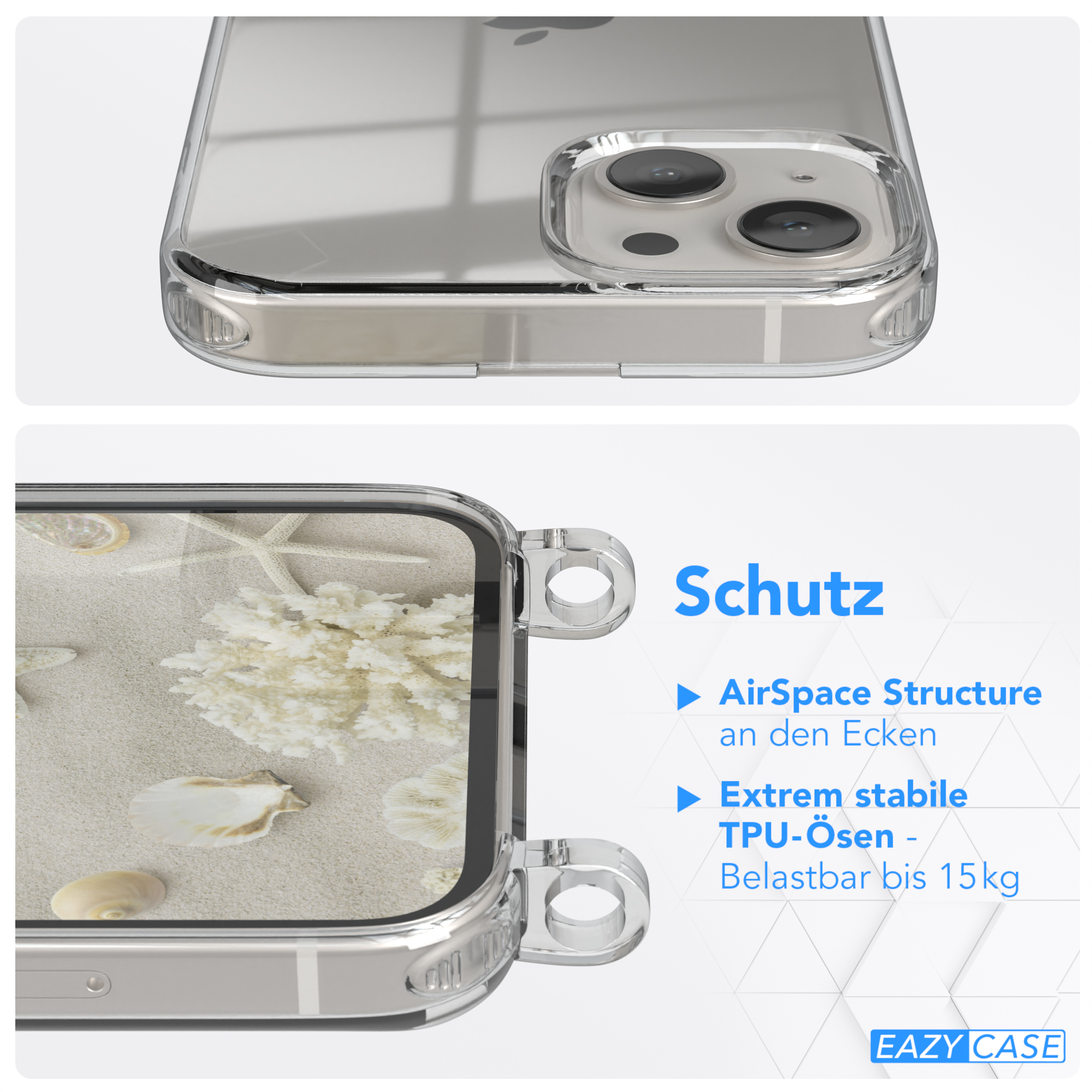 Transparente Handyhülle mit Muscheln und Sand. Texte: Schutz, AirSpace Structure, starkes TPU.