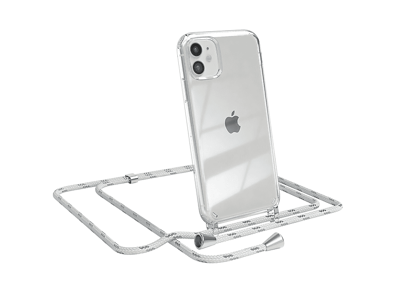 EAZY CASE Clear Cover mit Umhängeband, Umhängetasche, Apple, iPhone 11, Weiß / Clips Silber
