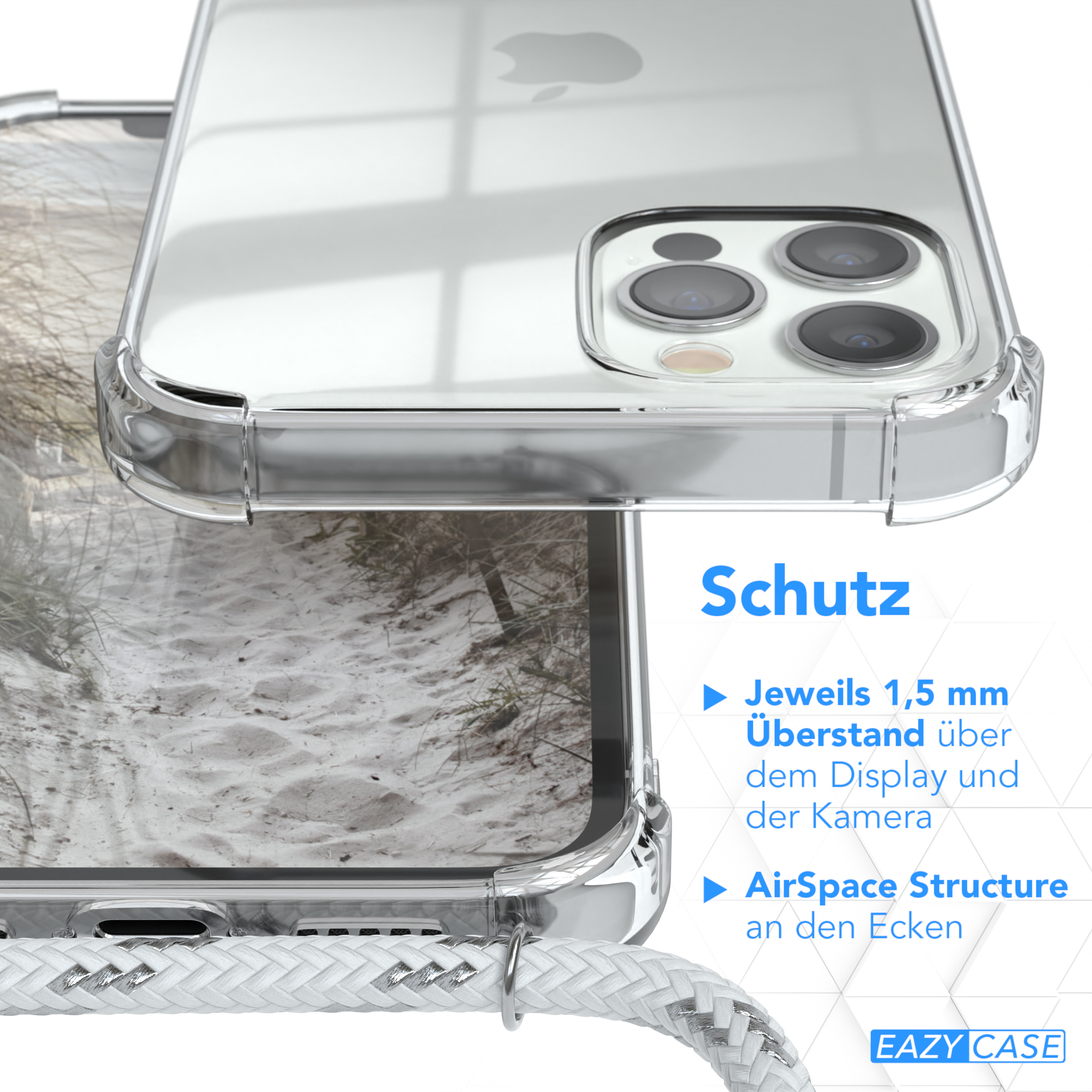 Klare Handyhülle schützt das Telefon. Enthält Text über Display- und Kameraschutz.