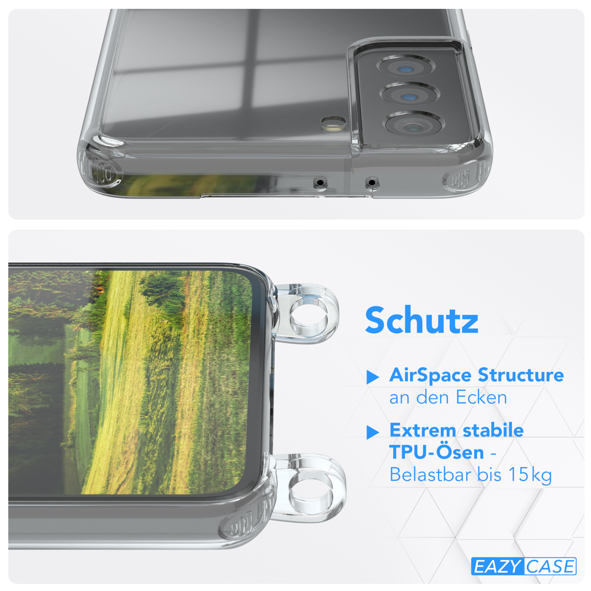 Transparente Handyhülle. Details einer Handyhülle mit grünem Feld im Hintergrund und dem Wort Schutz.