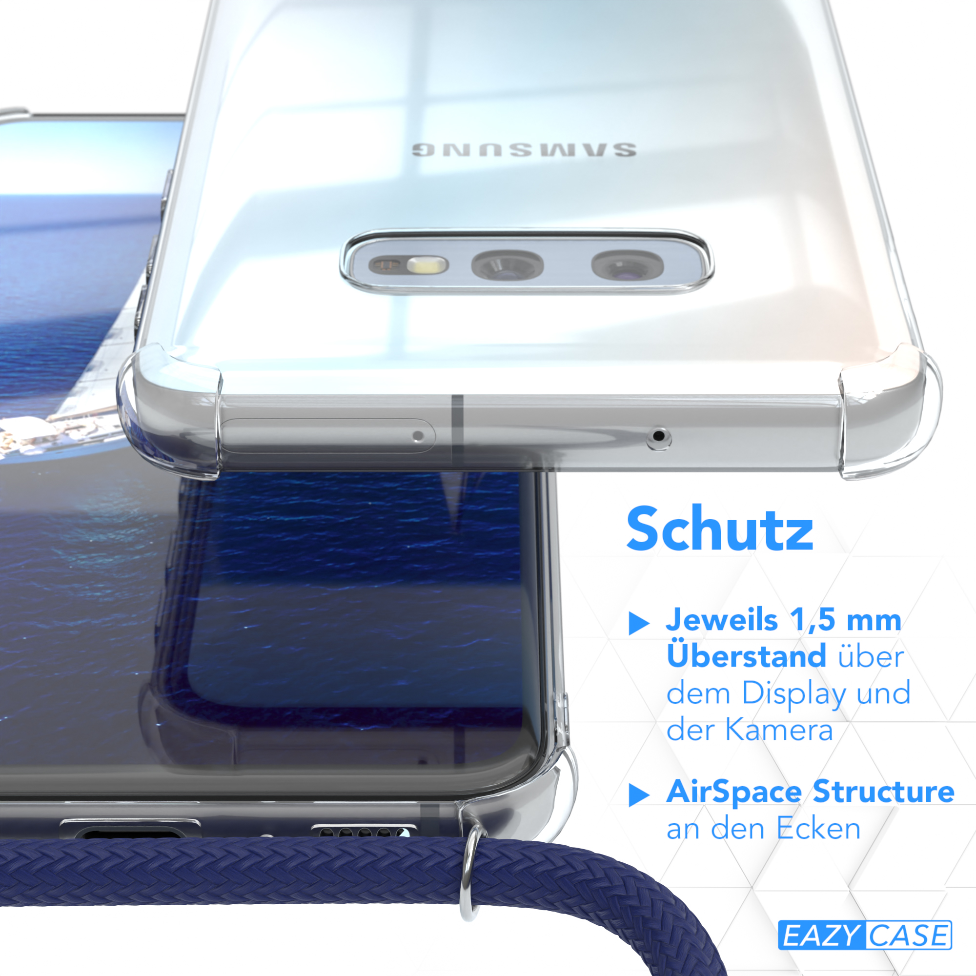 Clips / Blau EAZY mit CASE S10e, Clear Cover Umhängetasche, Galaxy Samsung, Umhängeband, Silber