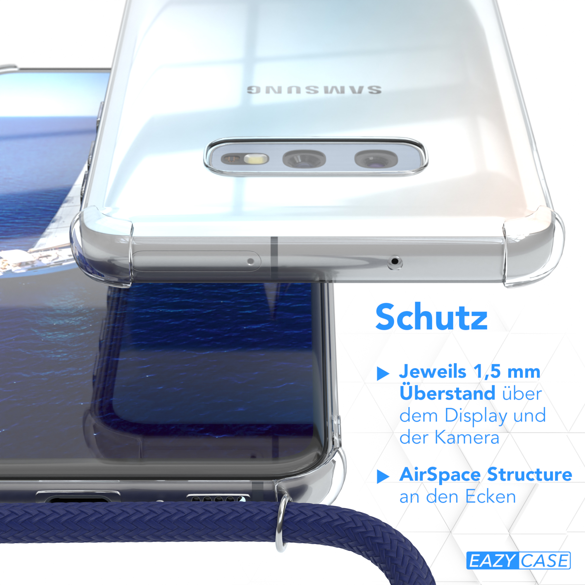 Transparente Handyhülle, Text über die Schutzfunktionen. Ein weiteres Telefon im Hintergrund.