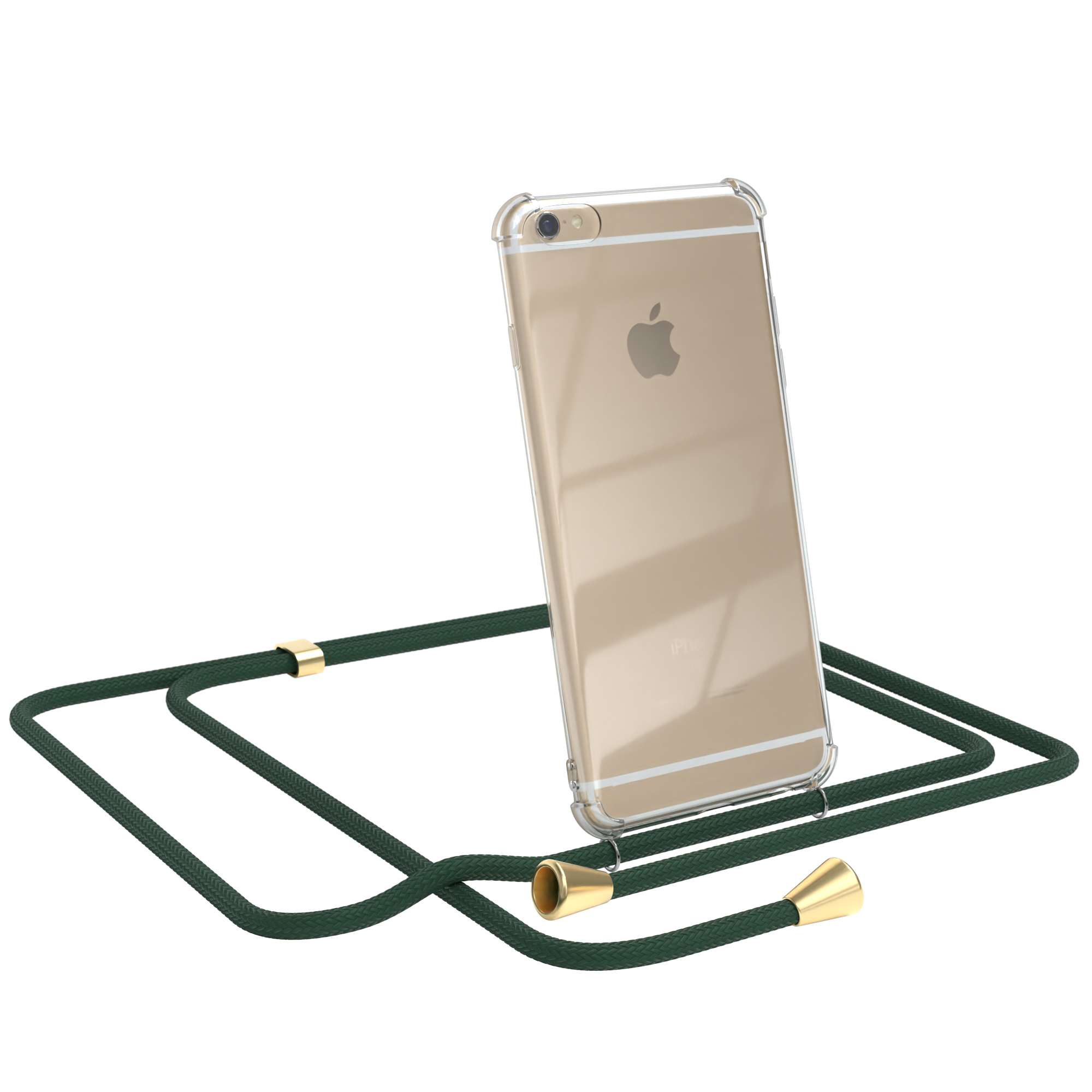 Goldenes Telefon mit klarer Hülle und grünem Kabel. Marke Apple.