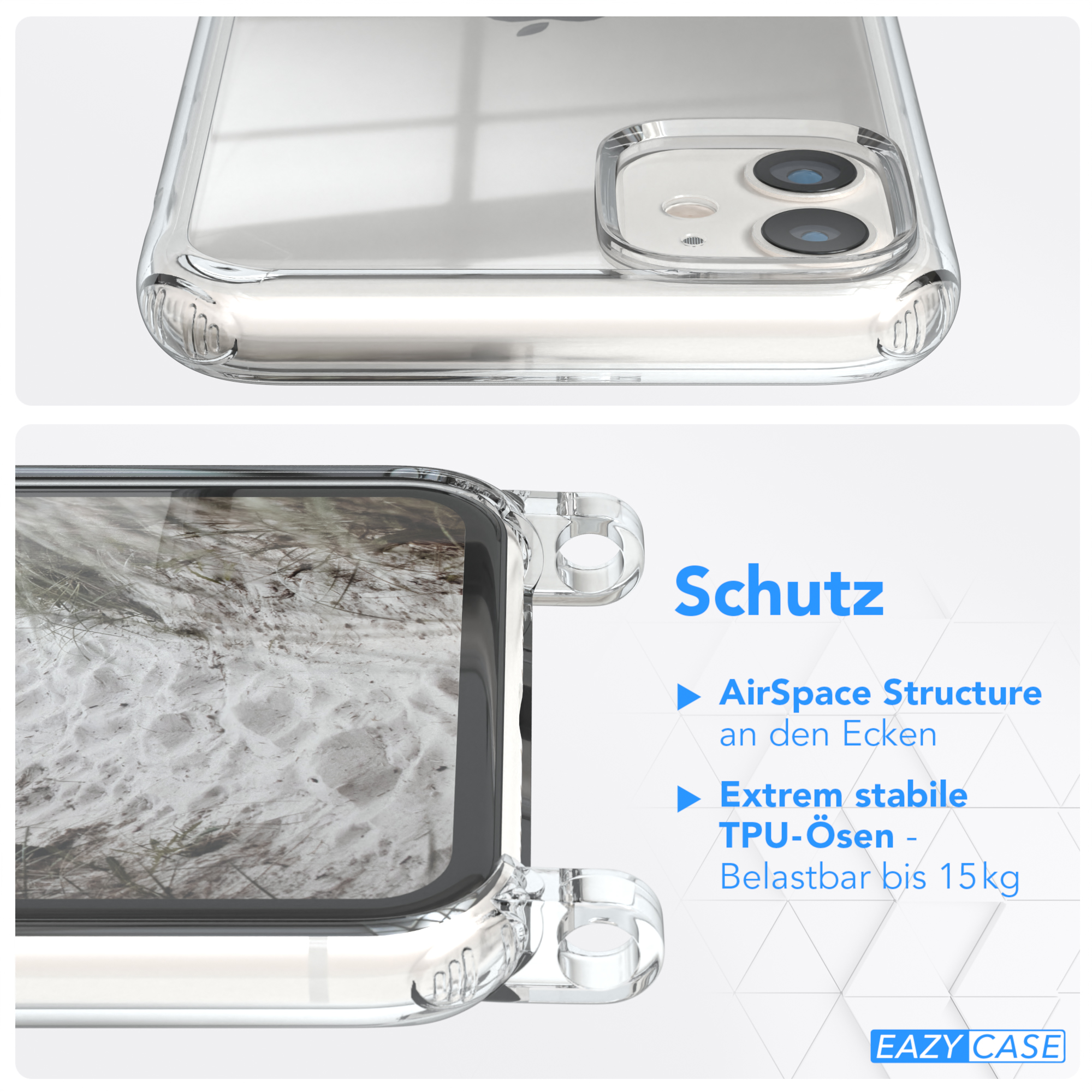 Nahaufnahme einer transparenten Handyhülle mit einem Telefon darin, Seite und Rückseite.