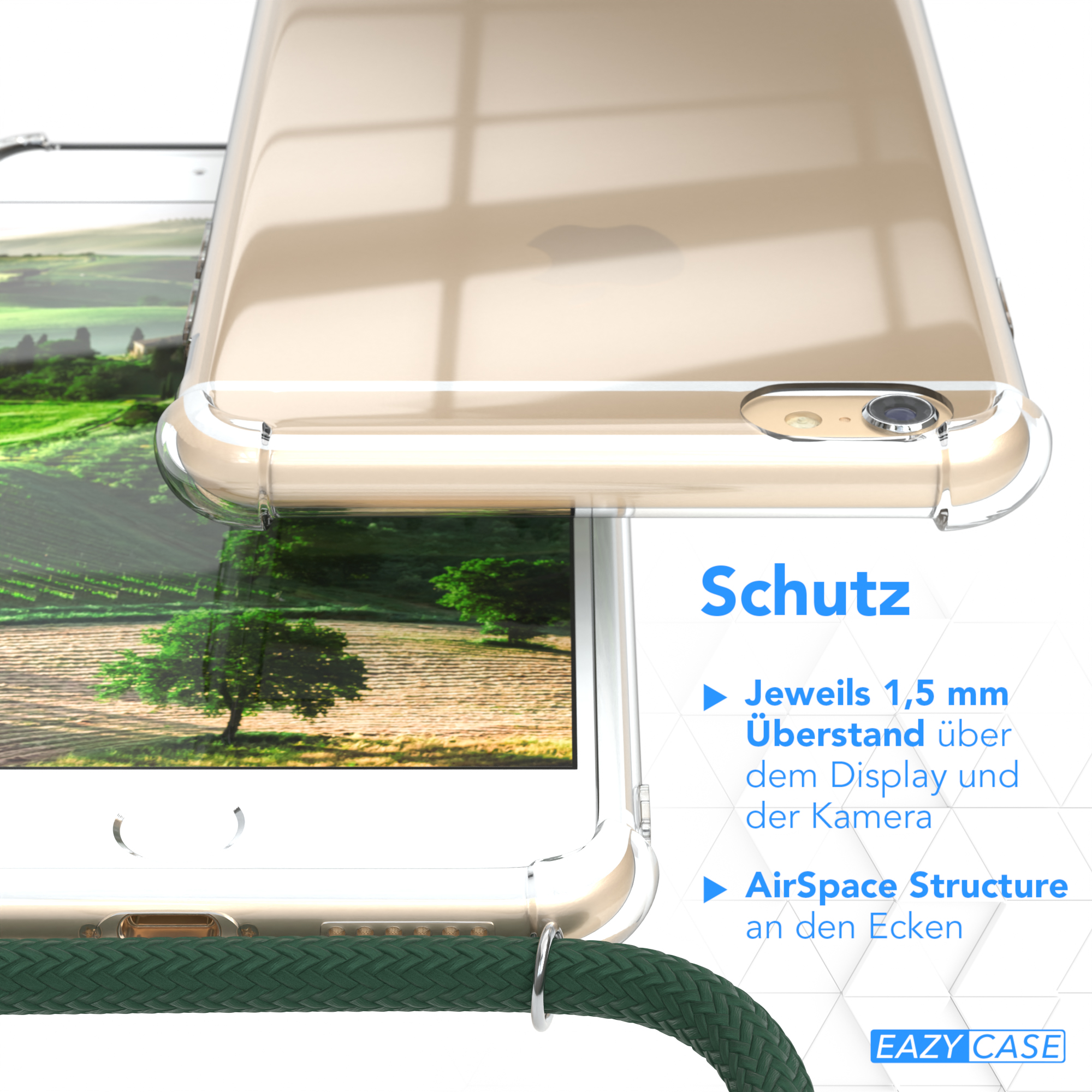 Nahaufnahme einer Handyhülle mit einem Feld darin. Text über den Schutz ist sichtbar.