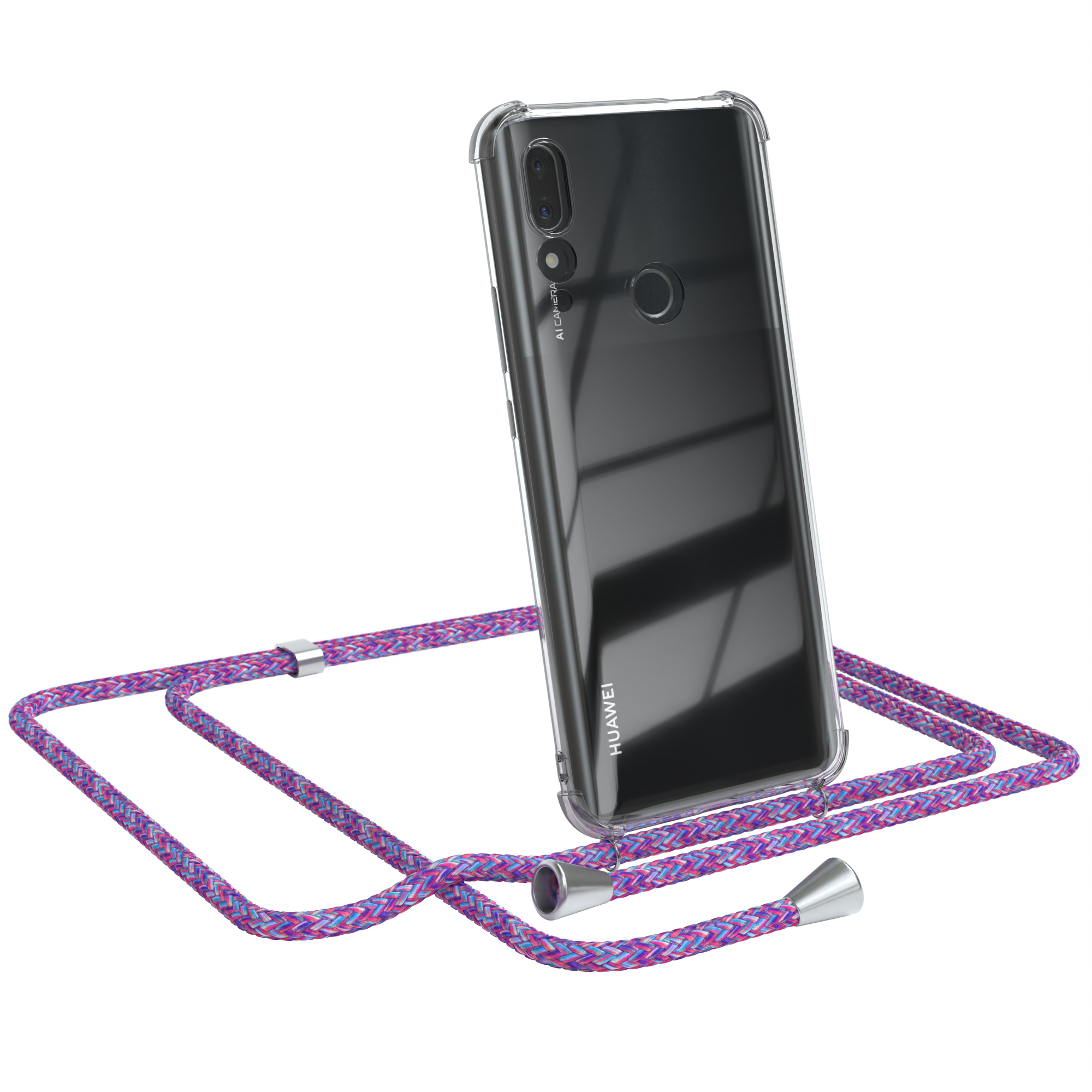 EAZY CASE Clear Cover mit Umhängetasche, Prime Umhängeband, P Smart / (2019), Lila Y9 Huawei, Silber Z / Clips