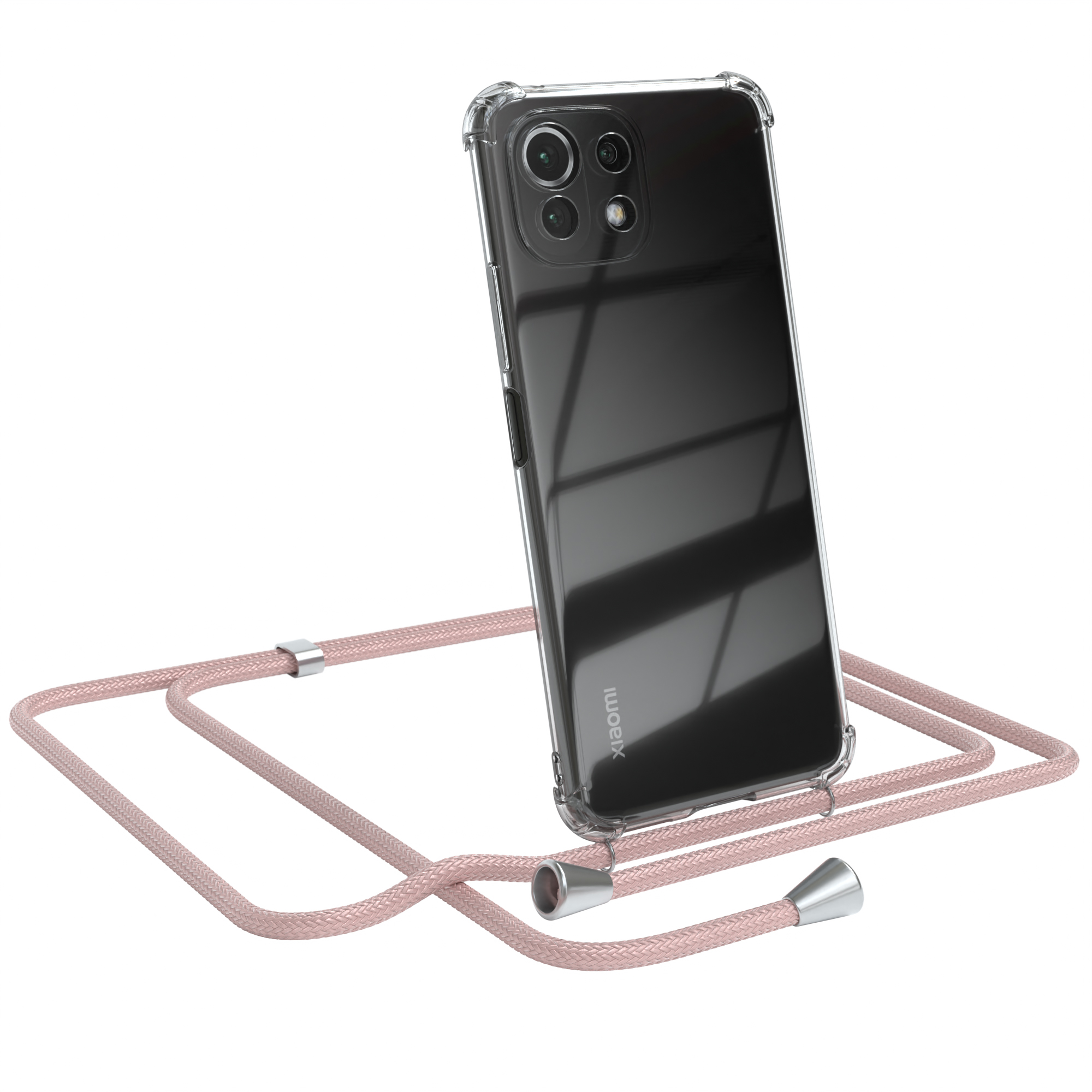 Transparente Handyhülle mit rosa Kordelband. Ein Xiaomi-Handy ist im Case.