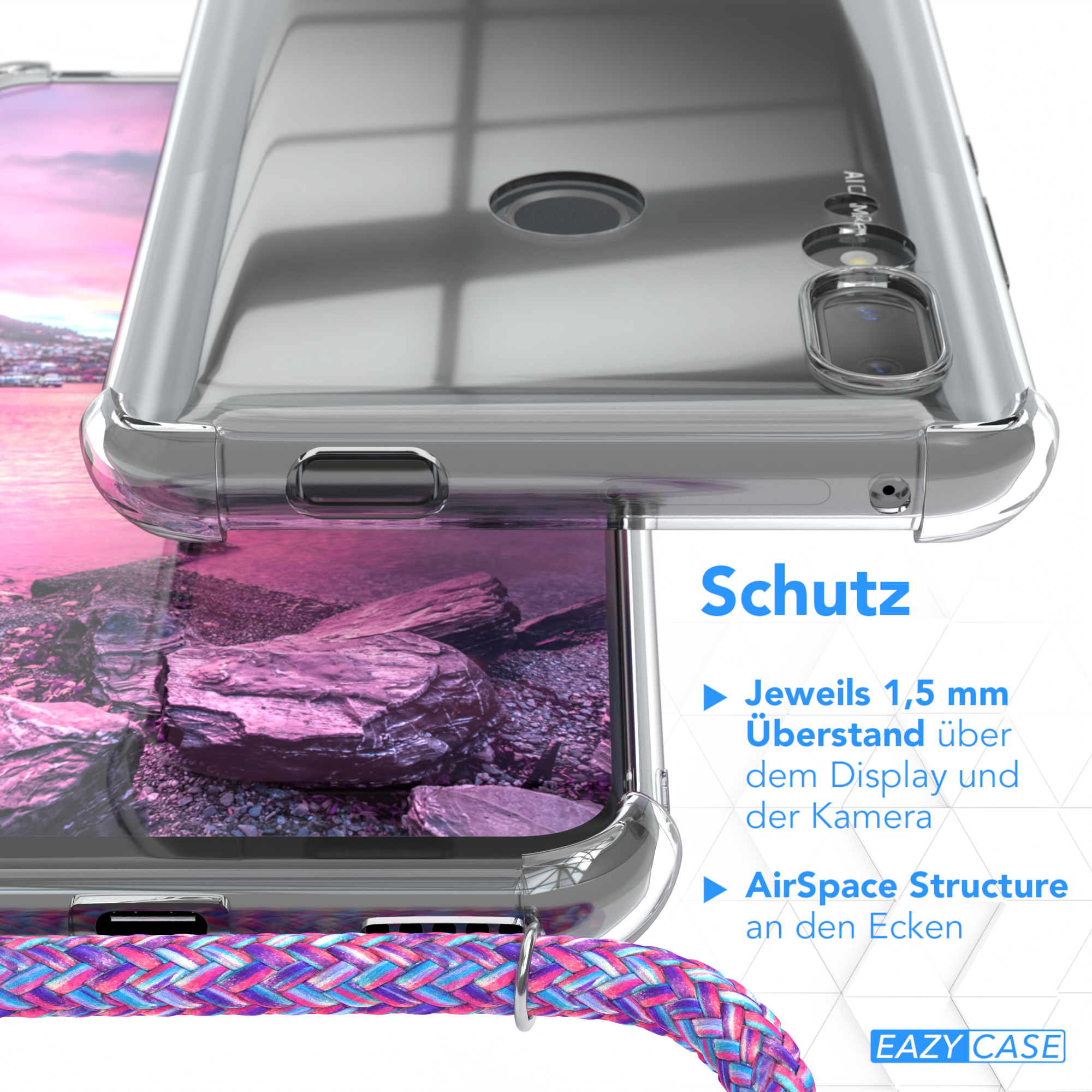 Klare Handyhülle auf einem Telefon. Das Telefon hat einen bunten Riemen. Text: Schutz.