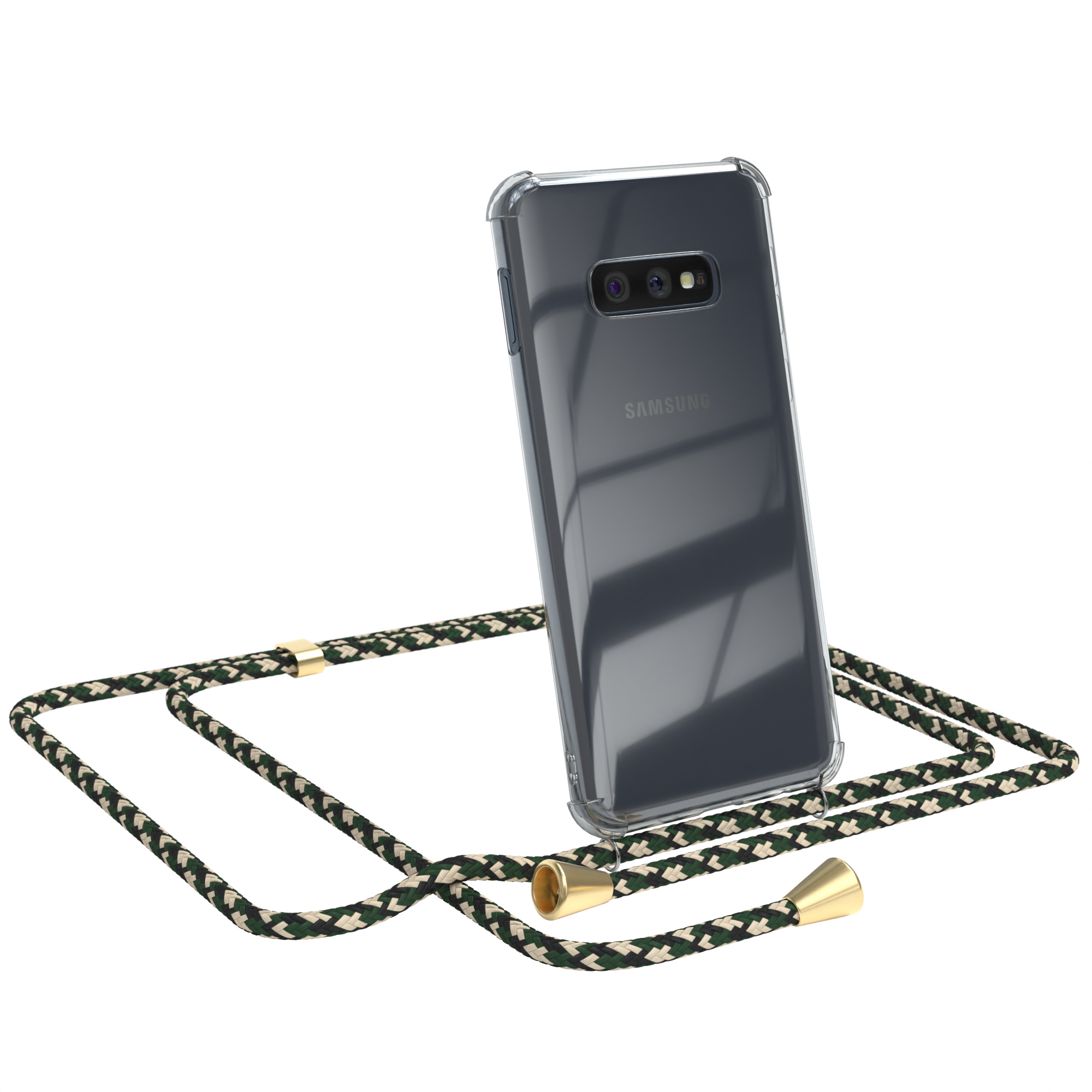 EAZY CASE Clear Cover / Gold Umhängeband, Galaxy Samsung, S10e, Grün Clips Umhängetasche, Camouflage mit